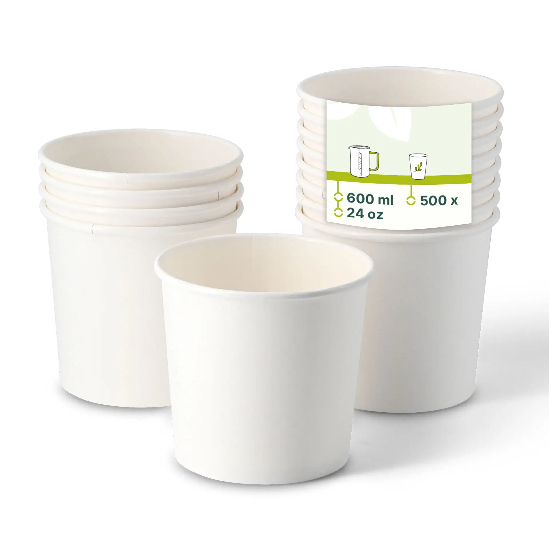 Ein Stapel weißer biologisch abbaubarer Kartonbecher für Suppe mit PLA-Beschichtung, jeder fasst 600 ml, mit Etikett präsentiert.