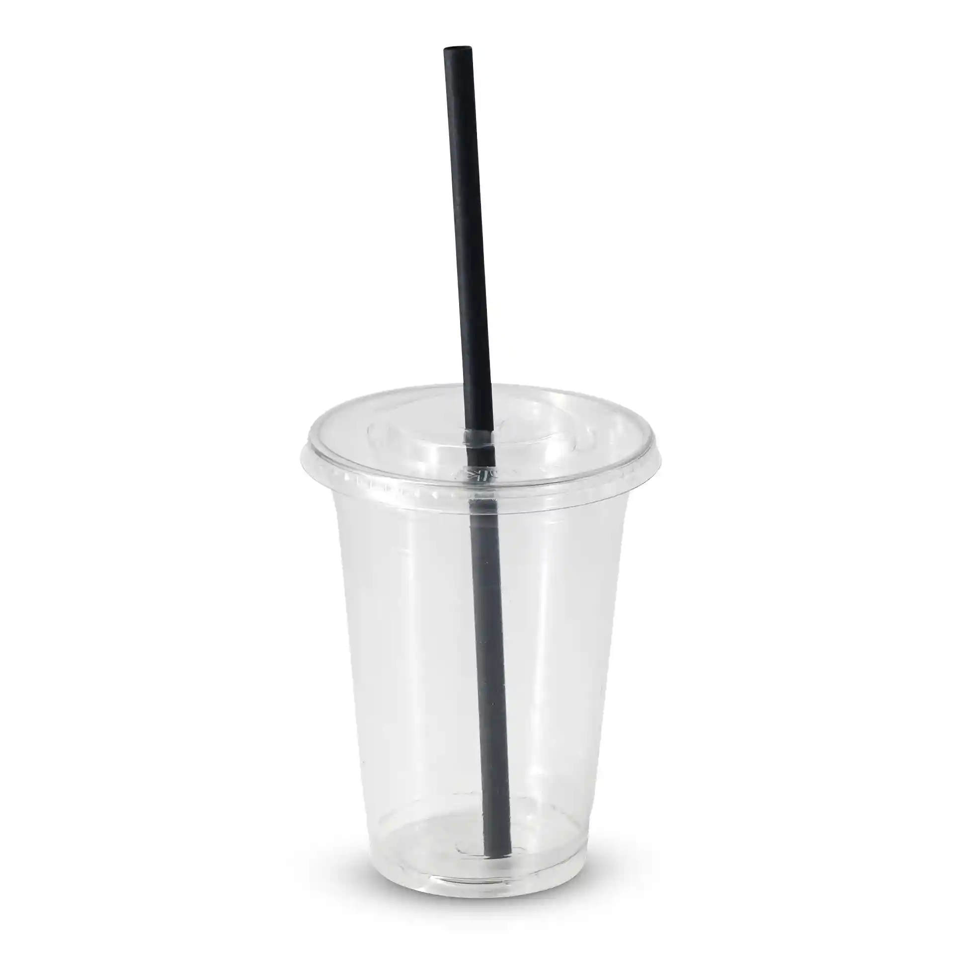 Clear plastic cup with a black straw inserted, featuring a lid on top.