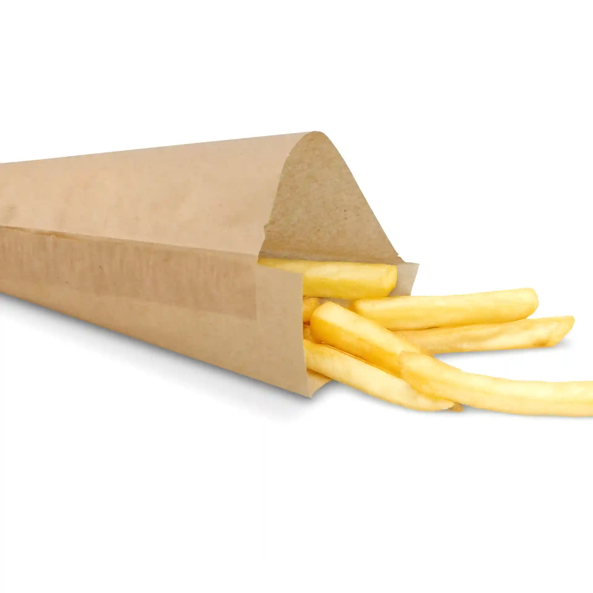 Brown paper French fry bag with fries partially visible, measuring 19 cm by 19 cm.