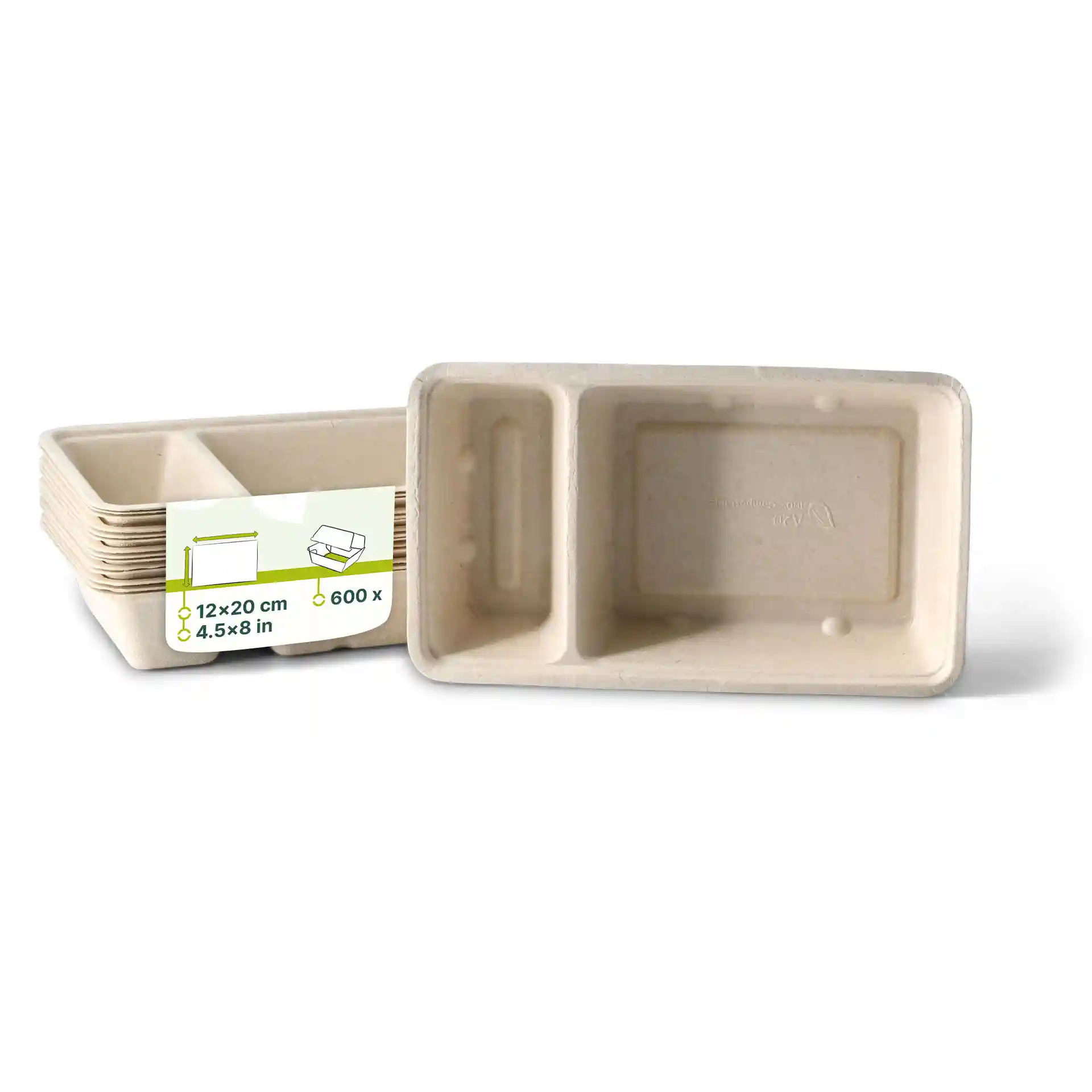 Rectangular cream white bagasse chip tray with two compartments, measuring 12 x 20 cm.