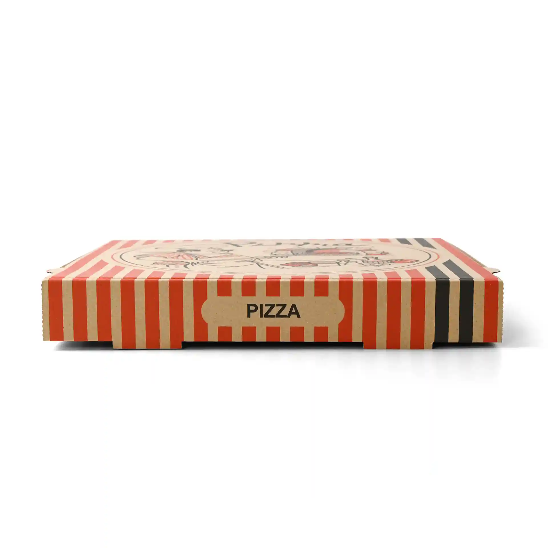Pizza box with a brown design, featuring red and black stripes, labeled 'PIZZA', measuring 30 x 30 x 4 cm.