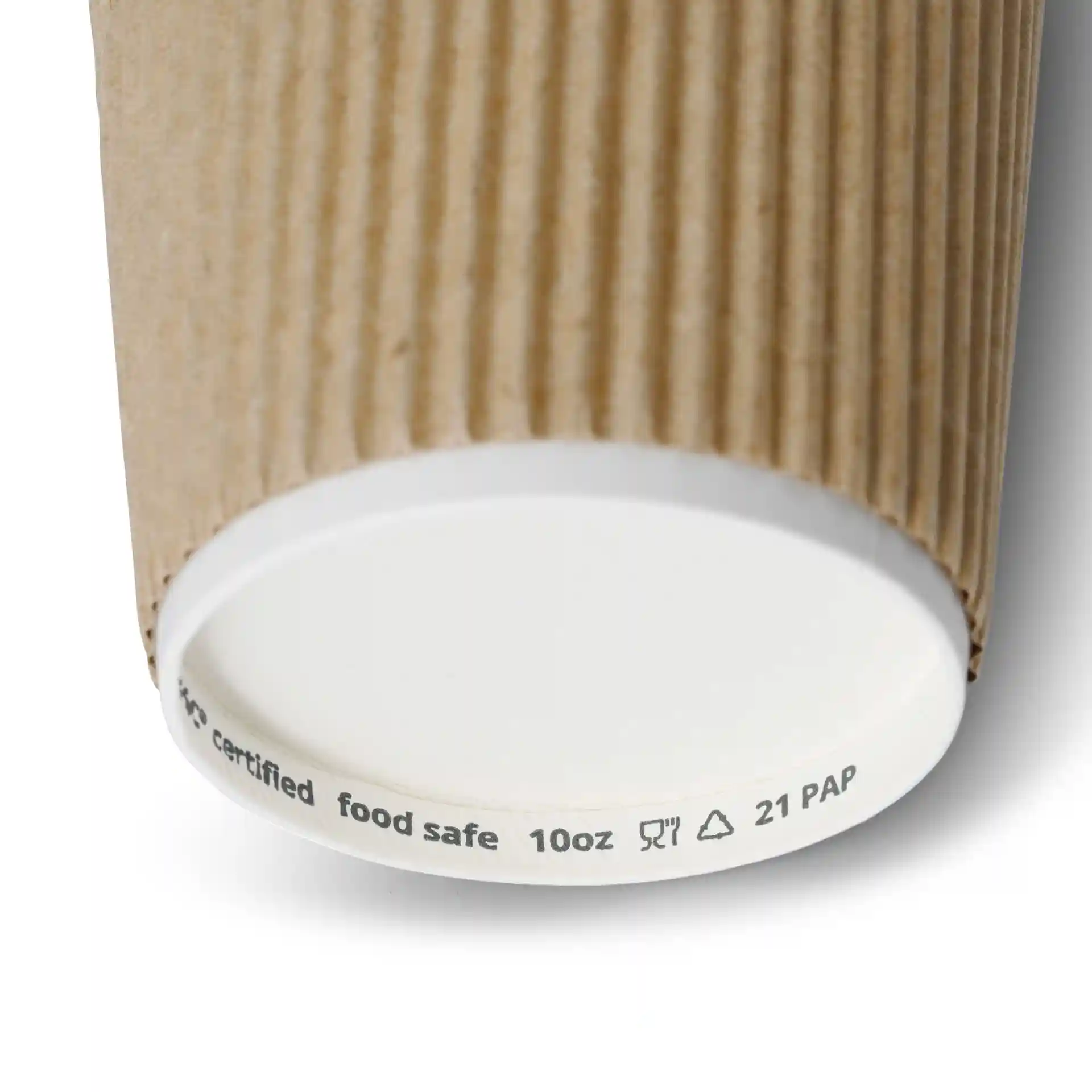 Close-up of a brown ripple coffee cup showing a white inner surface and a base with markings indicating size and material.
