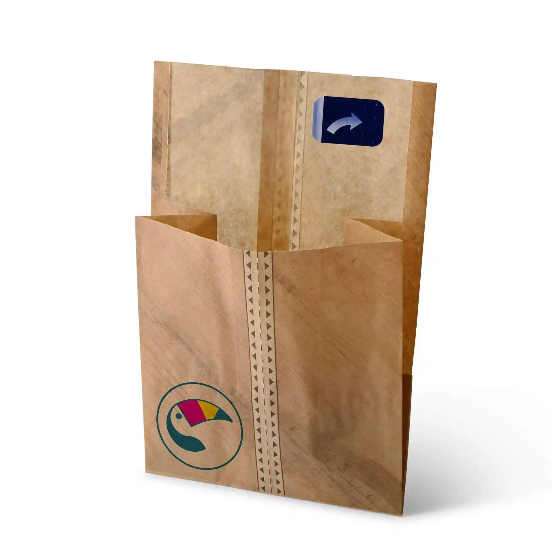 Braune, individuell bedruckte Burgerhülle mit Klebeverschluss, 15 x 16,5 cm, mit Logo und dekorativem Design.