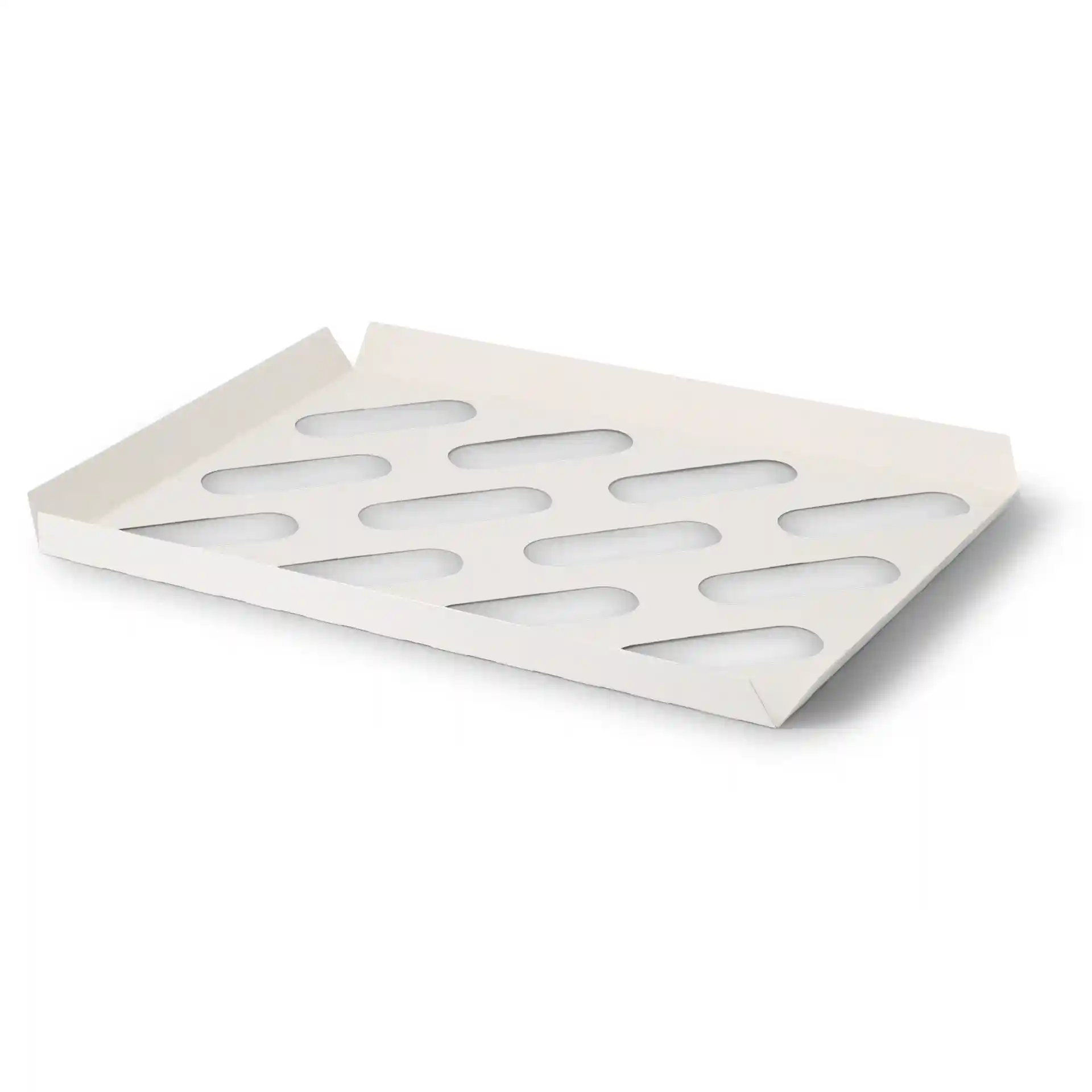 Cream white cardboard insert range for cupcake boxes with cut-out shapes, designed to hold 12 cupcakes.