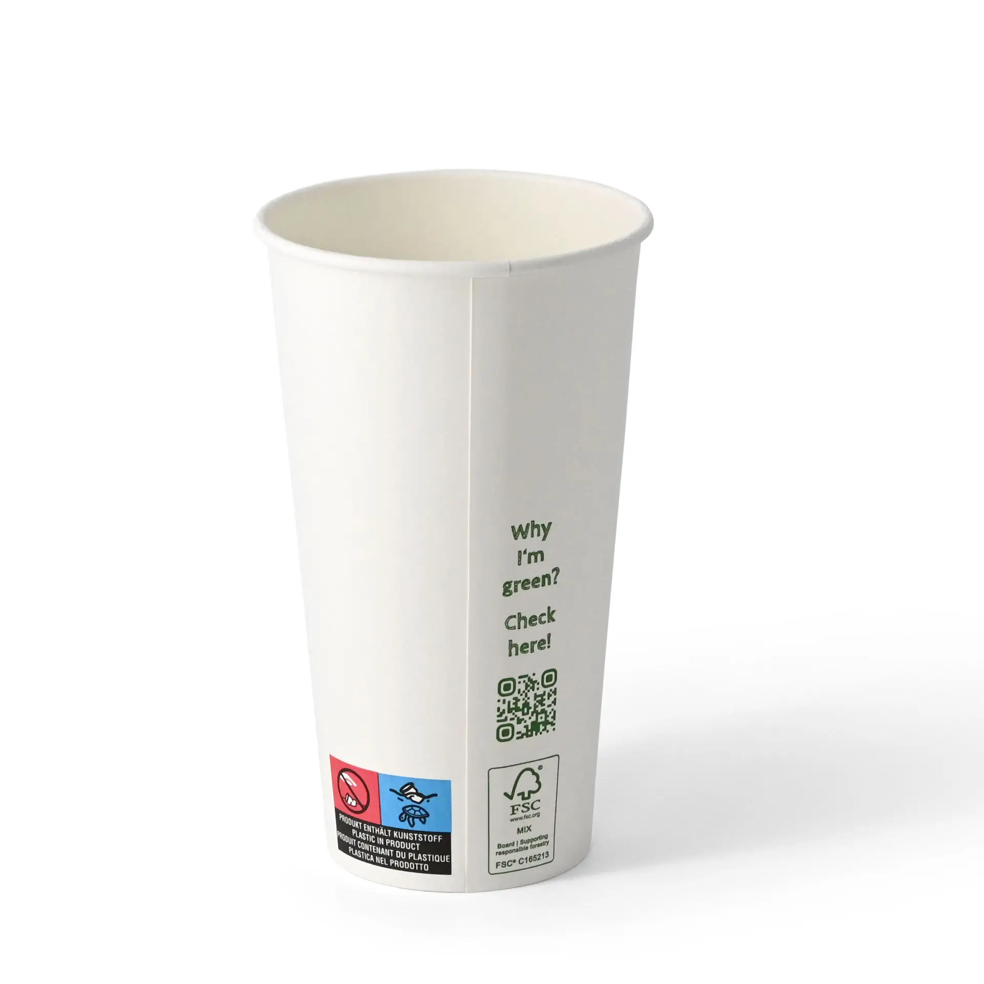 White single-wall paper cup with PLA coating, suitable for hot and cold drinks, featuring a printed QR code on the side.