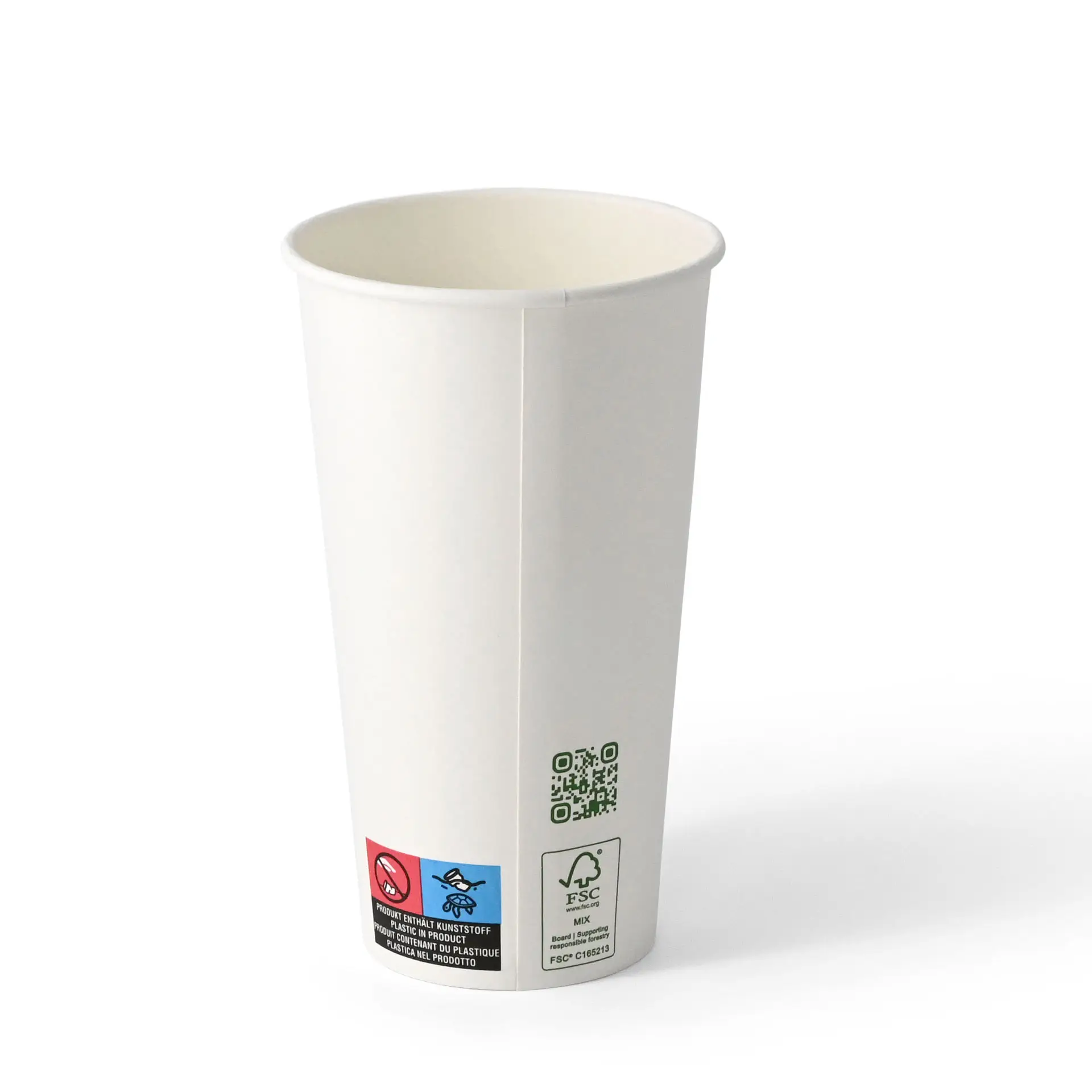 Weißer Becher mit einfacher Wand, 500 ml Fassungsvermögen und 90 mm Durchmesser, mit verschiedenen Etiketten an der Seite.