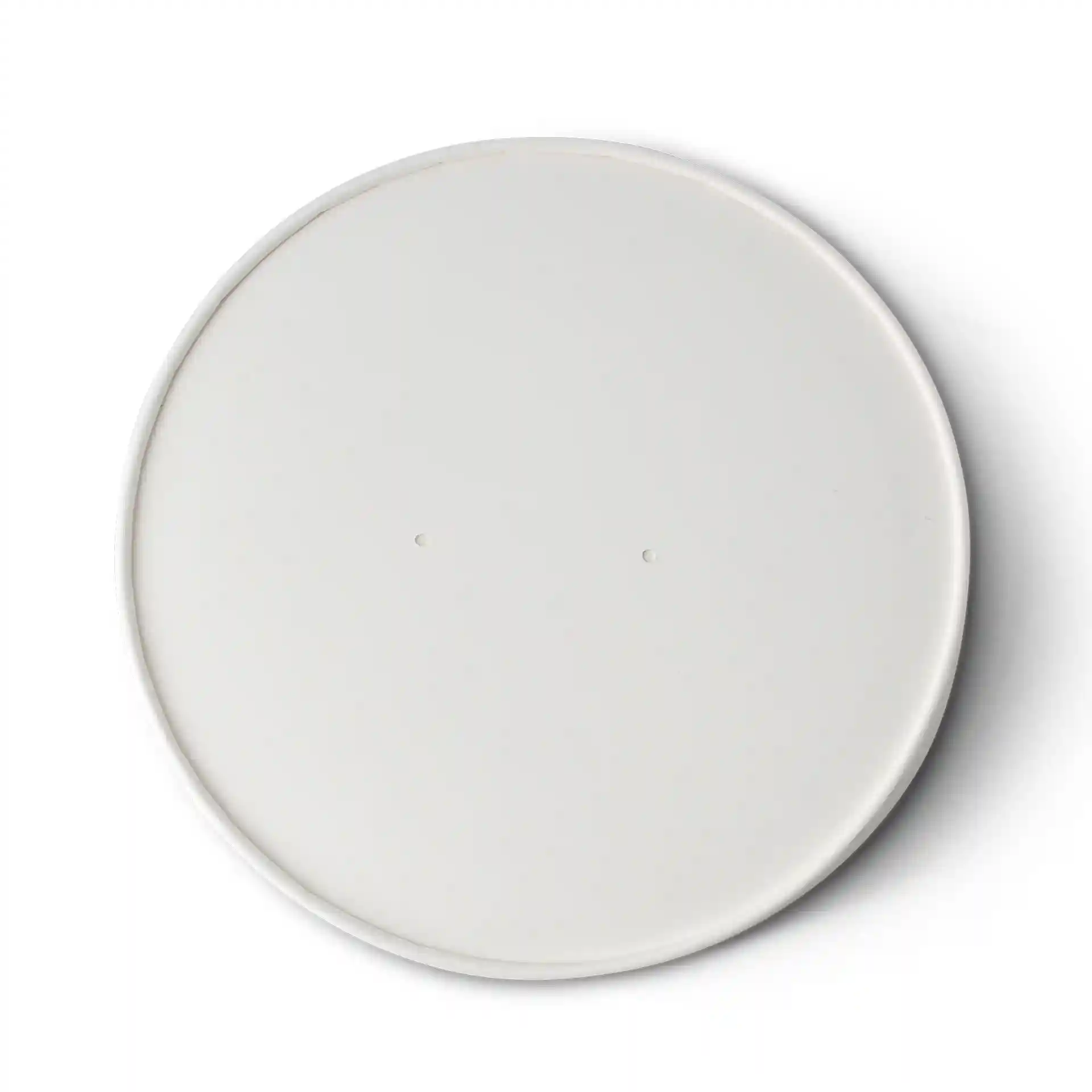 Runder weißer Kartondeckel mit beschichteter Oberfläche, Durchmesser 185 mm, mit zwei kleinen Löchern.