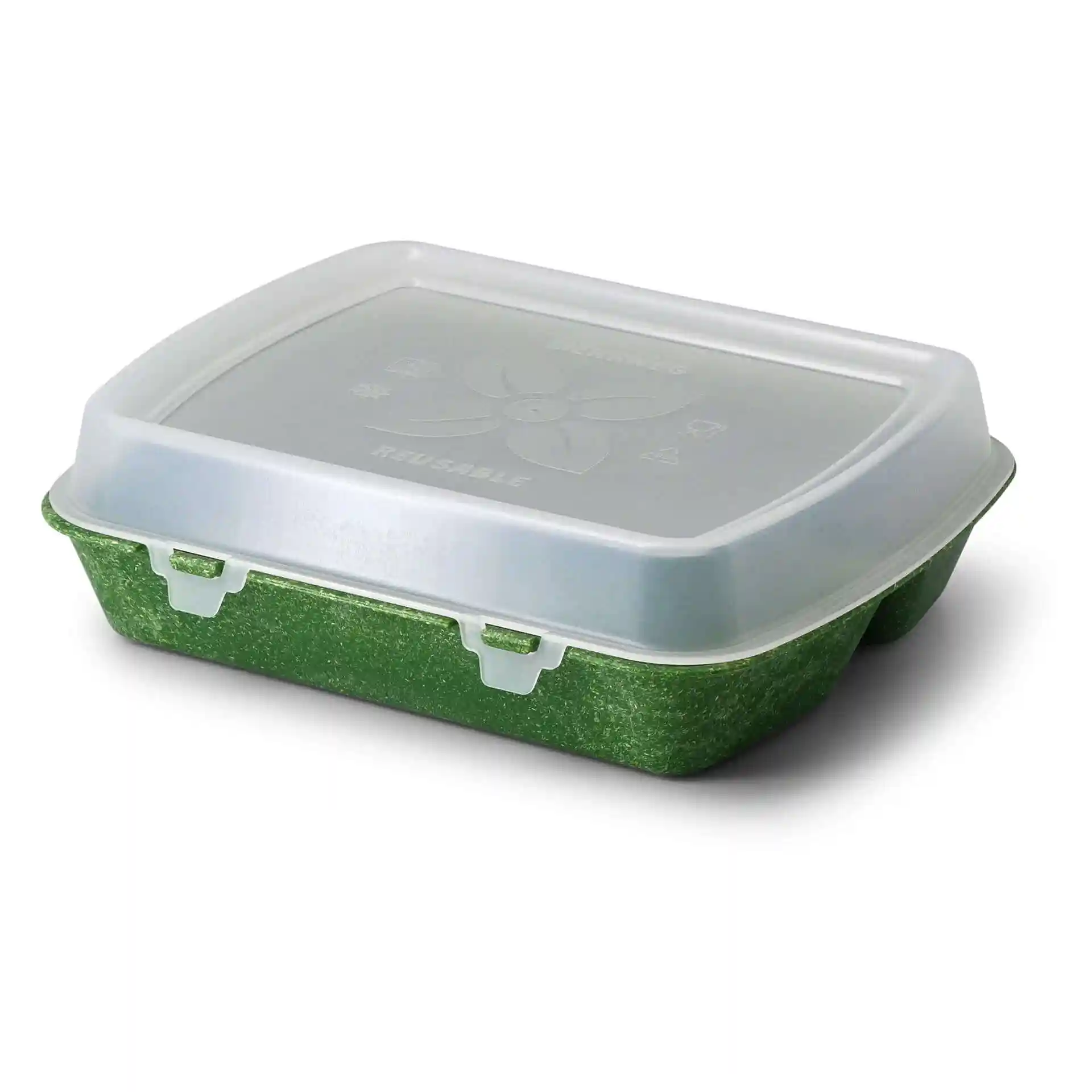 Reusable meal container with three compartments, spinach green and dark green, with a transparent lid.