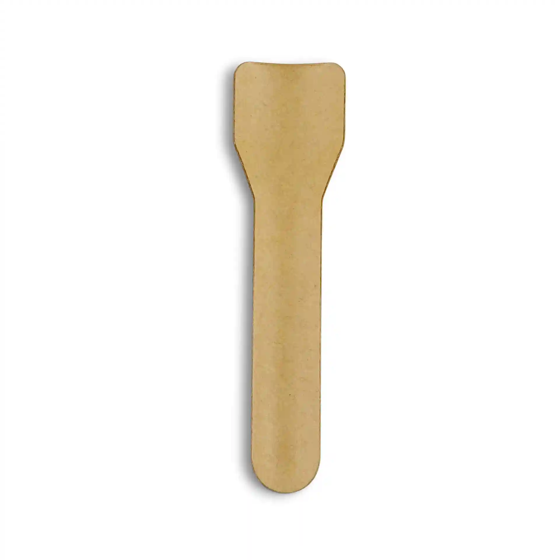 Brauner Papiereislöffel, 9,5 cm lang, mit flacher, abgerundeter Spitze und konischem Griff.