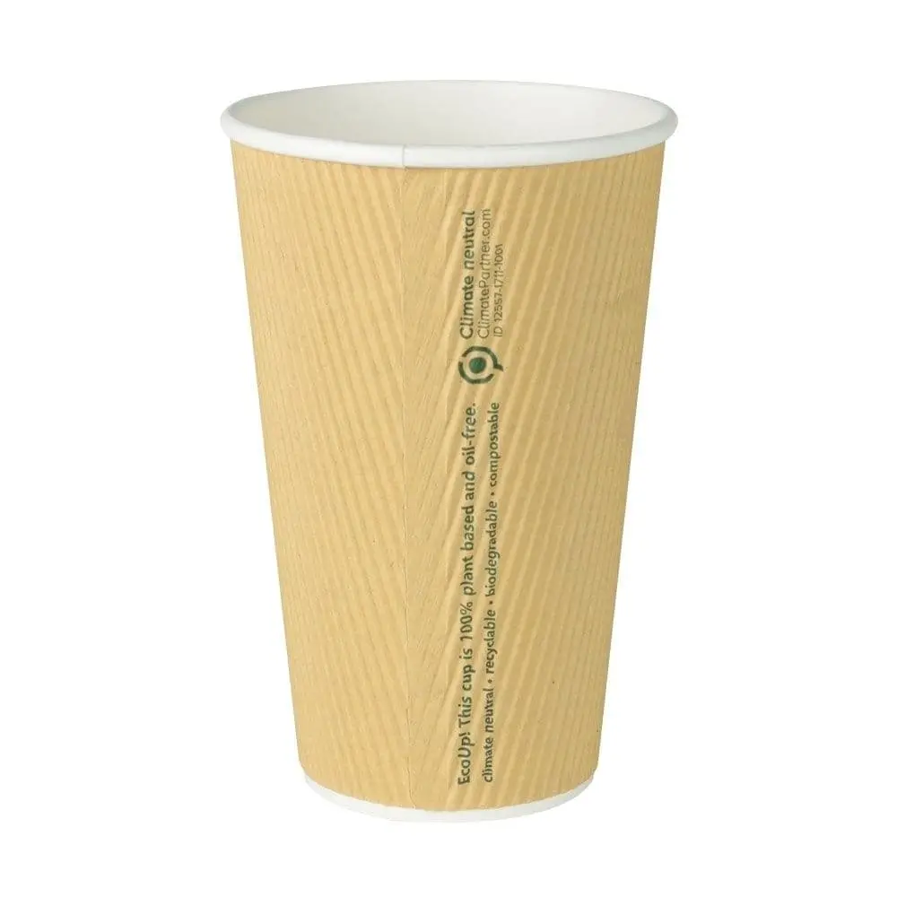 Riffelbecher / Coffee to go Becher 400 ml / 16 oz, Ø 90 mm, braun, innen weiß, PLA-beschichtet