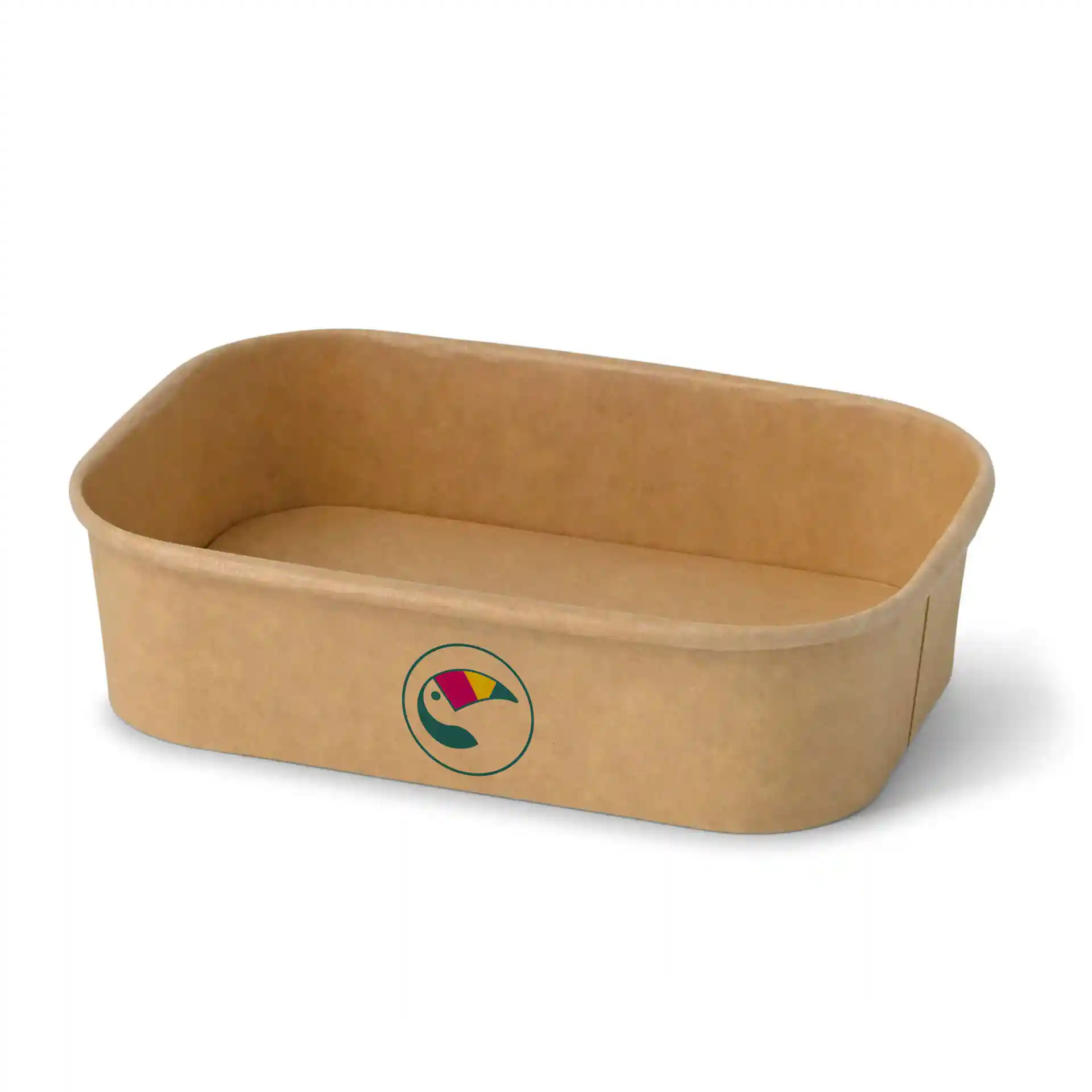 Rectangular brown salad bowl with a printed logo, measuring 170 mm long, 123 mm wide, and 44 mm high.