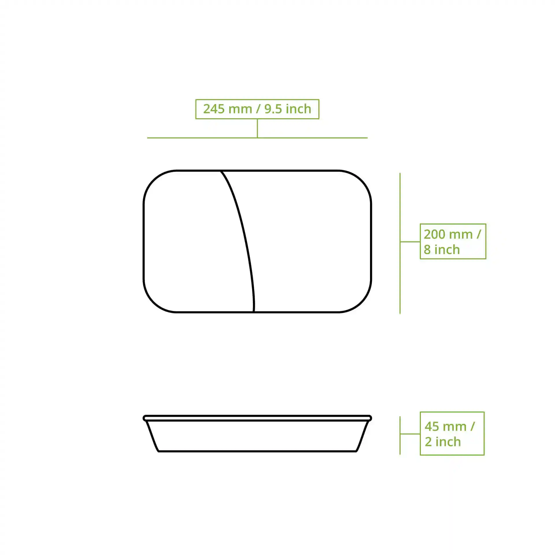 Schematische Zeichnung eines wiederverwendbaren Essensbehälters mit den Abmessungen 245 mm x 200 mm und 45 mm Höhe, mit zwei Fächern.