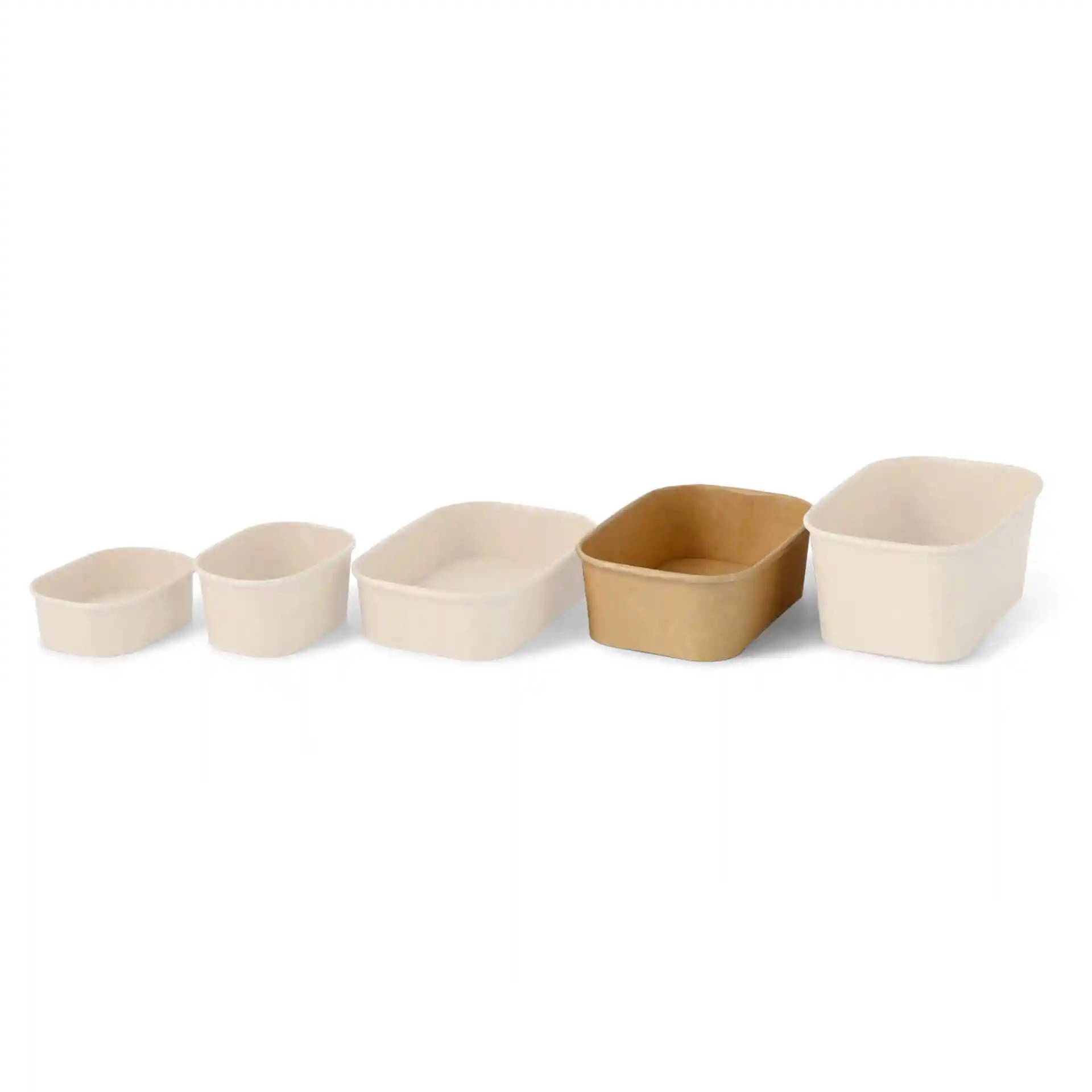 Set of five rectangular food containers in various sizes, including one brown container among beige ones.