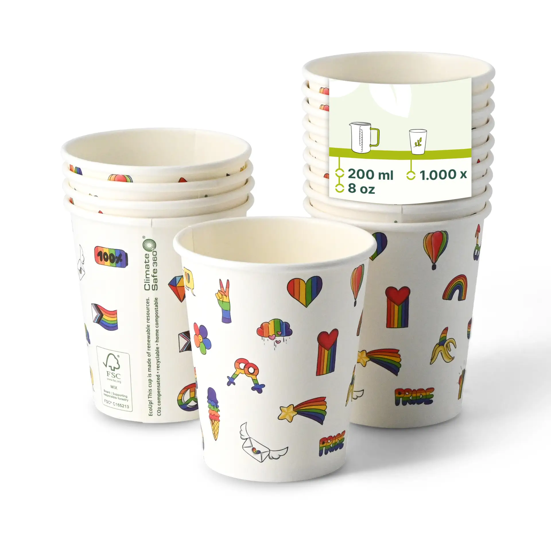 Pappbecher bedruckt "Pride" 200 ml / 8 oz, Ø 80 mm, weiß