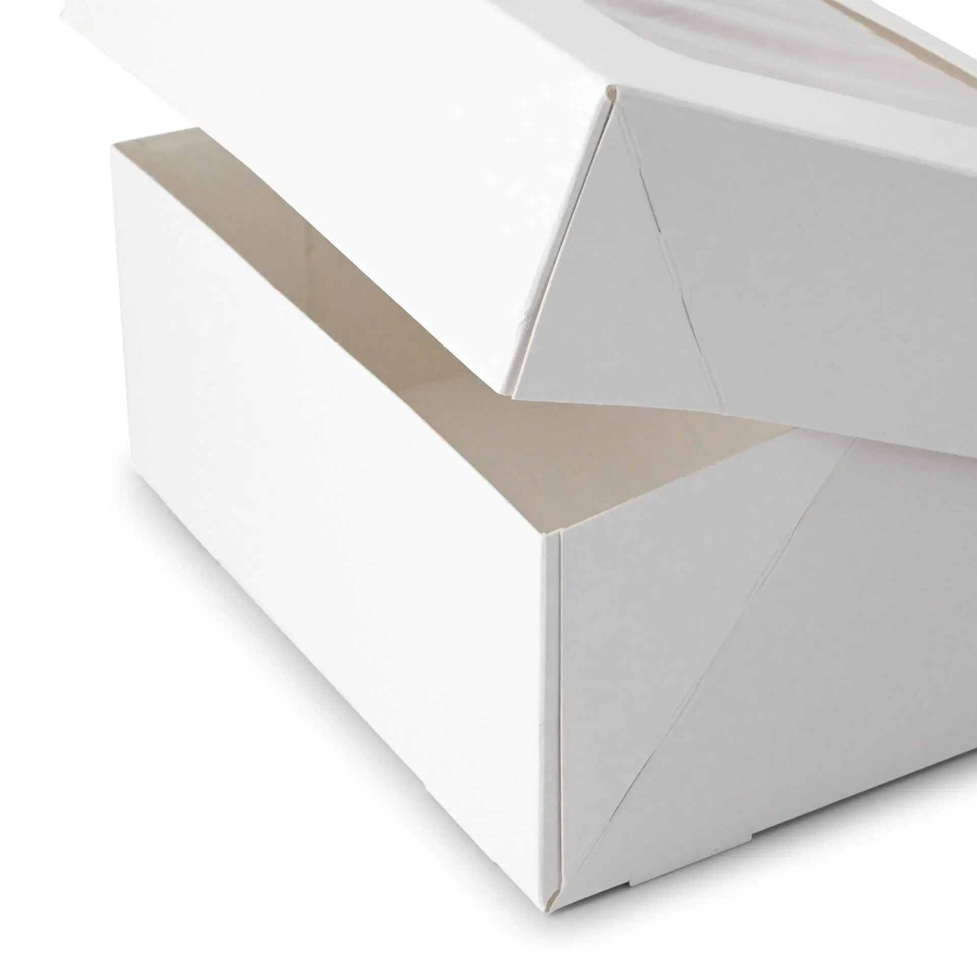 Weiße Box für Cupcakes mit Zellulosefenster und offenem Deckel, ideal für die Verpackung von Lebensmitteln.