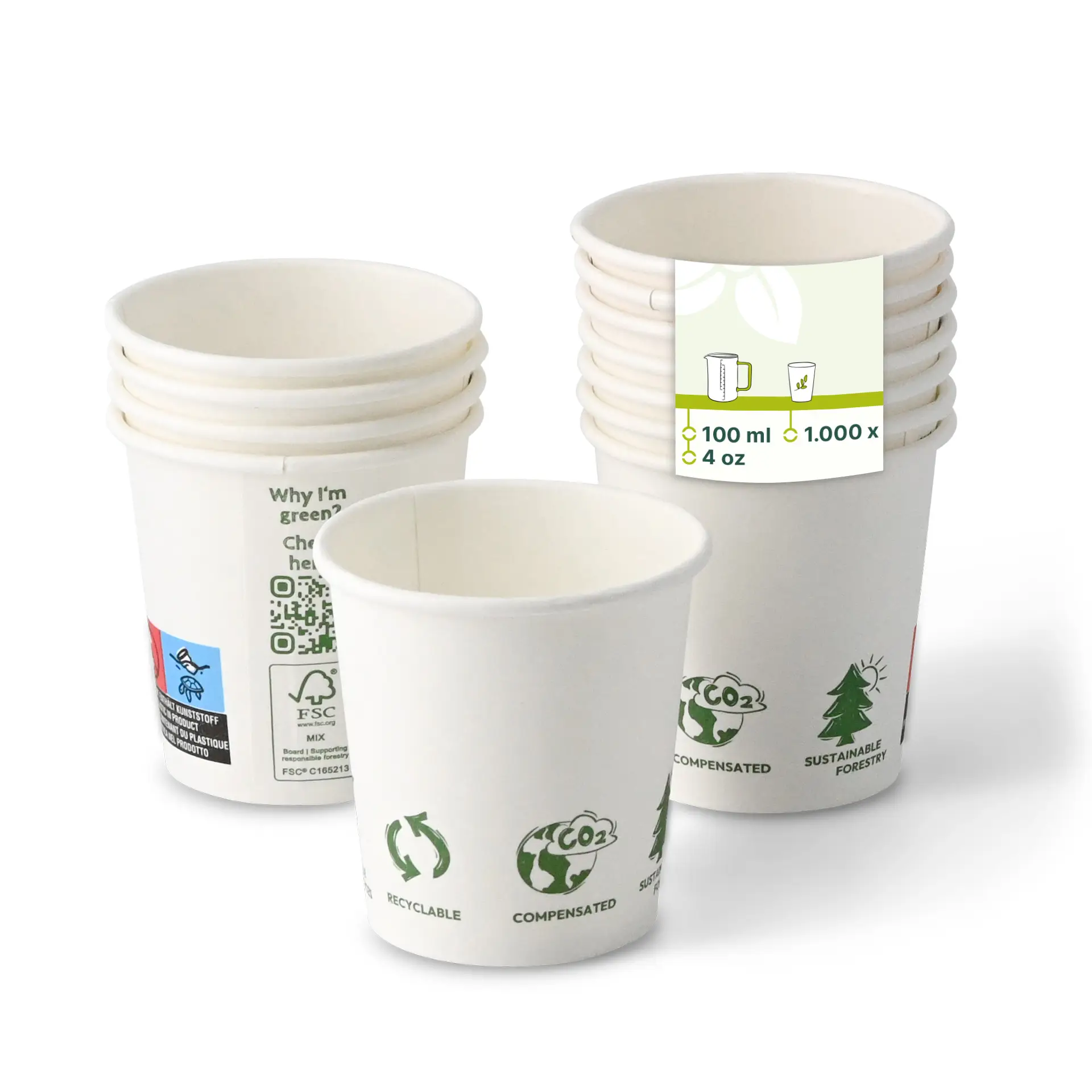 Pappbecher 100 ml / 4 oz, Ø 62 mm, "EcoUp©"- Icons, einwandig, weiß, PLA-beschichtet