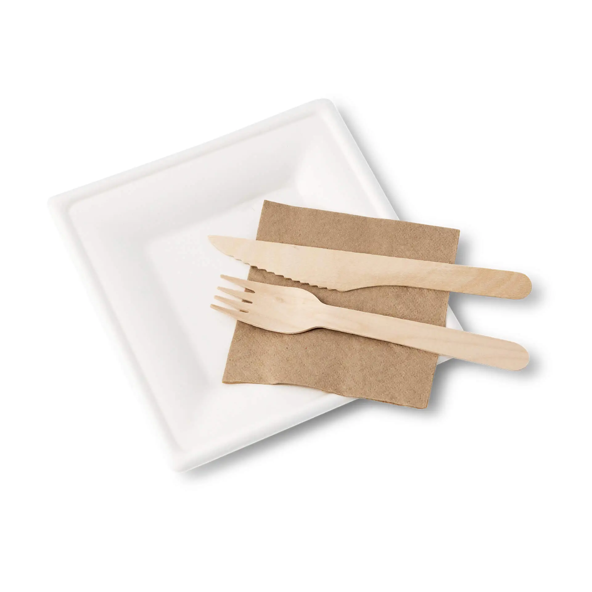 Square biodegradable sugarcane plate with wooden fork, knife, and a brown napkin on a white background.