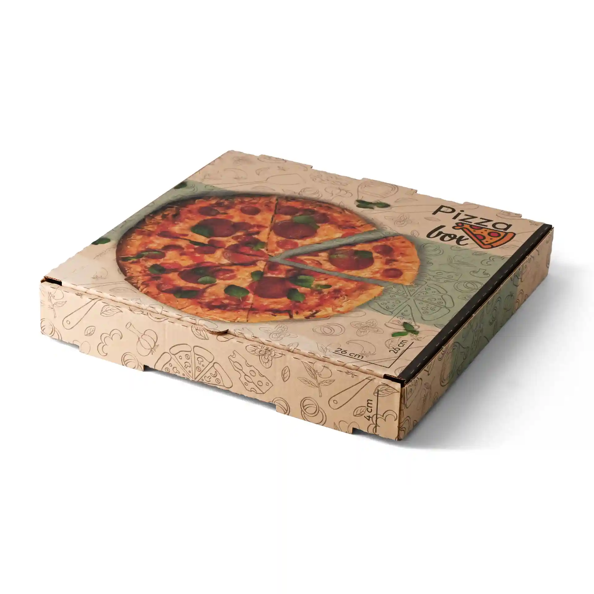 Braune Pizzaschachtel mit einem gedruckten Pizzadesign oben, 26 x 26 x 4 cm groß.