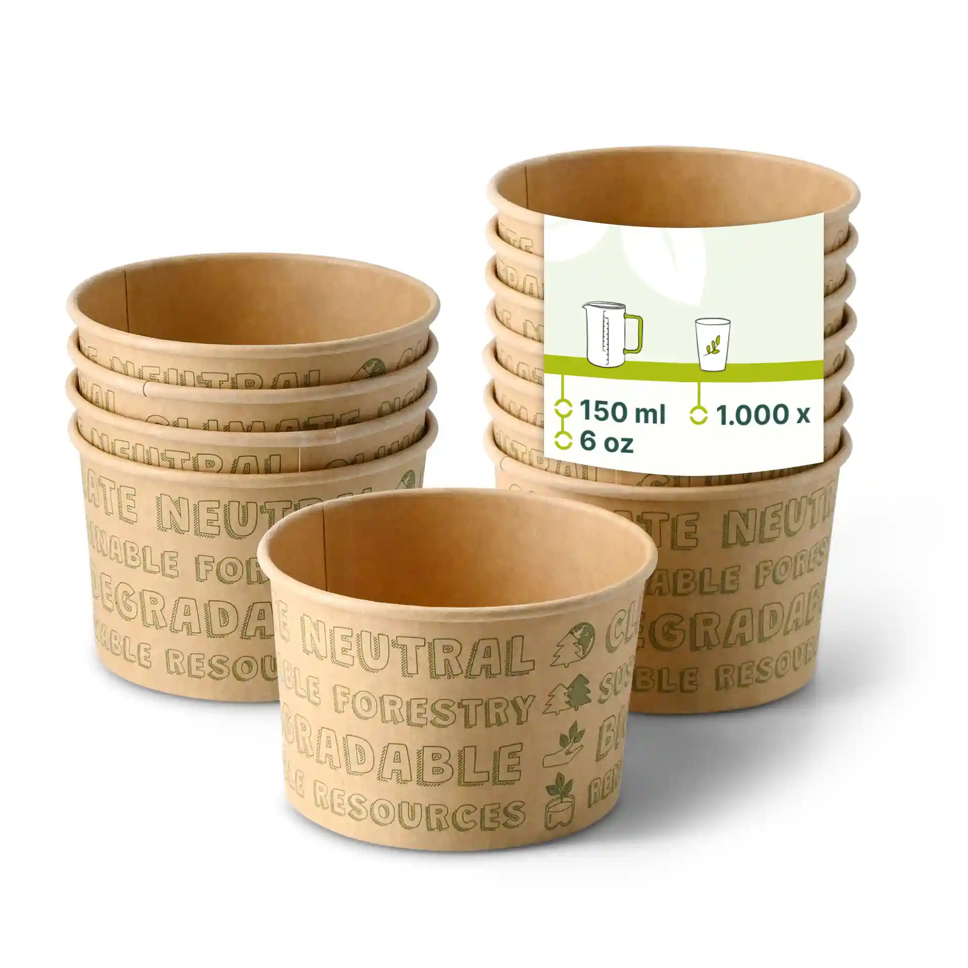 Stapel aus ungebleichtem Kartonpapier-Eisbehältern, runde Form, mit Druckmarkierungen, ein Behälter aufrecht gezeigt.