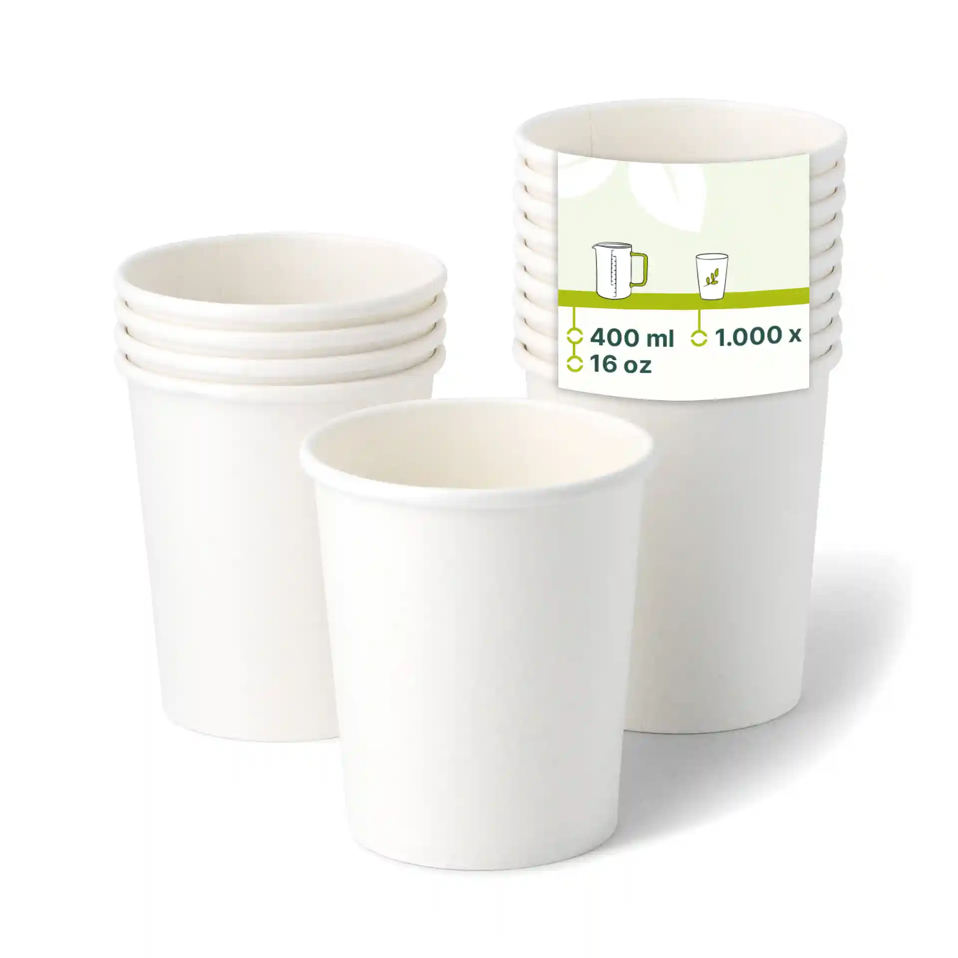 Stack of white paper ice cream cups with one cup in front, showing a label with capacity details.