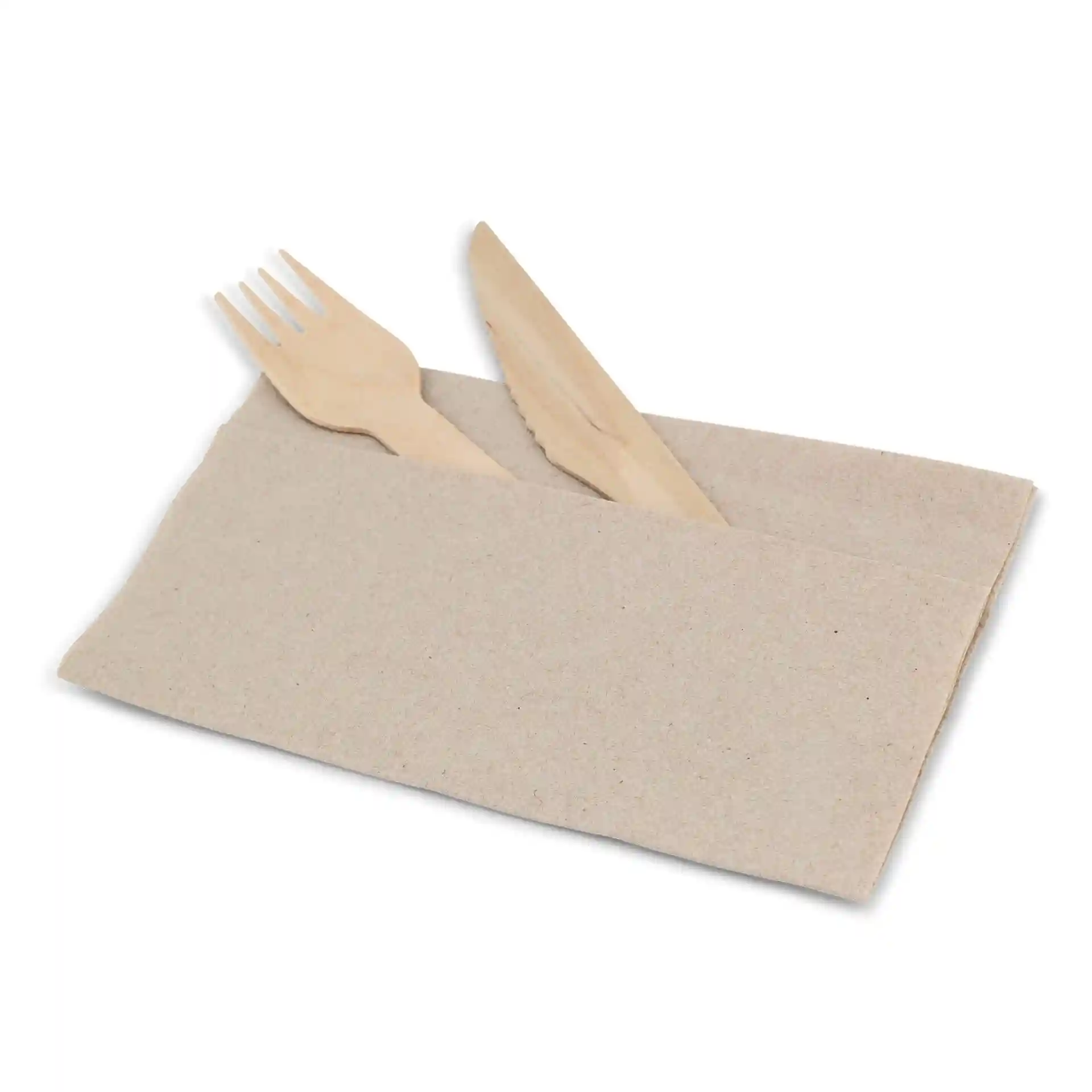 Cutlery set in unbleached paper holder with a fork and knife, featuring a recycling symbol on the side.