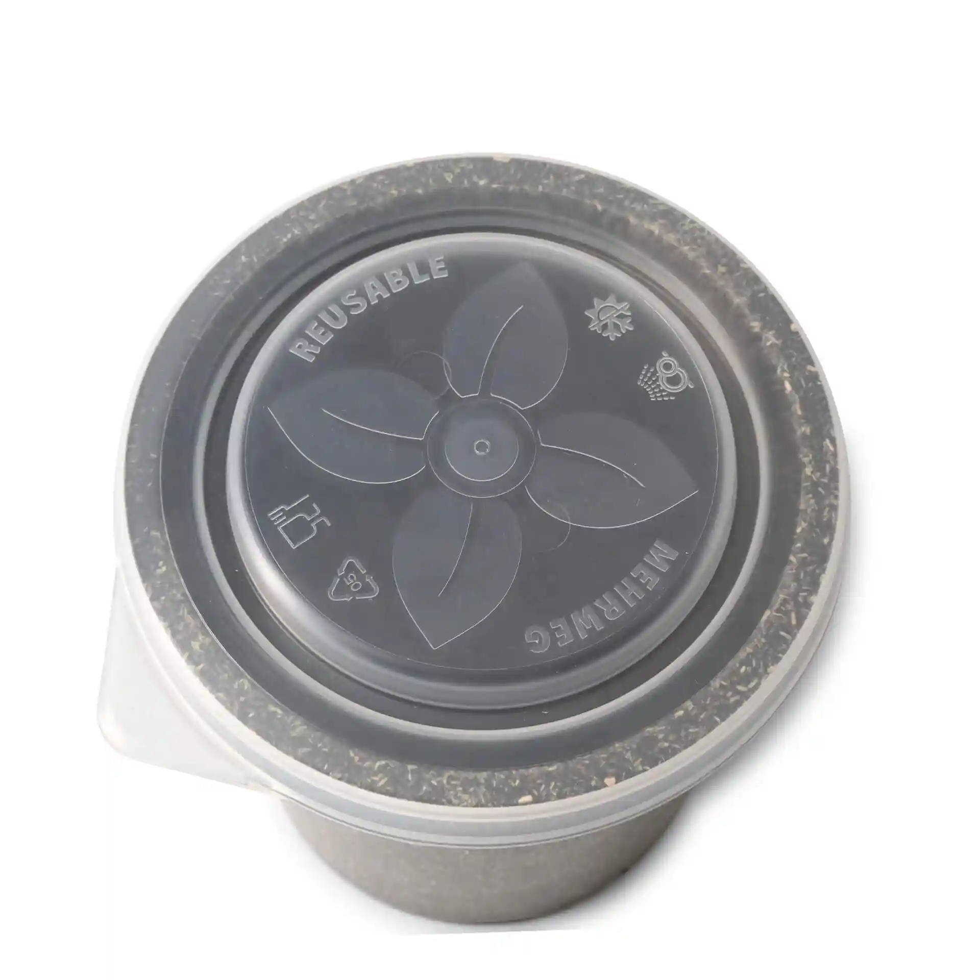 Transparent reusable lid for a cup, featuring a round shape and a flower design on top.