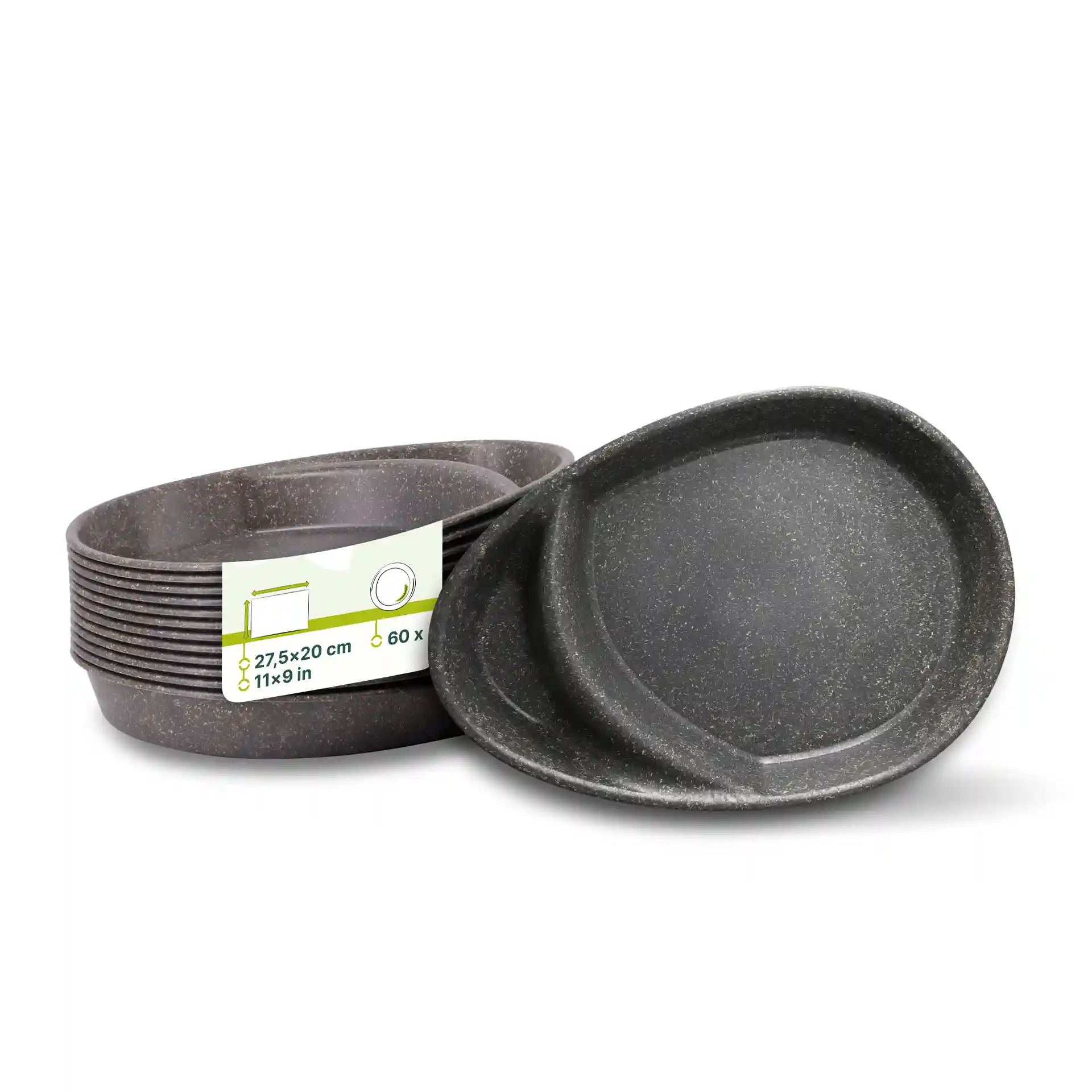 Reusable divided plates in grey with two compartments, measuring 27.5 × 20 cm, stacked with a label.