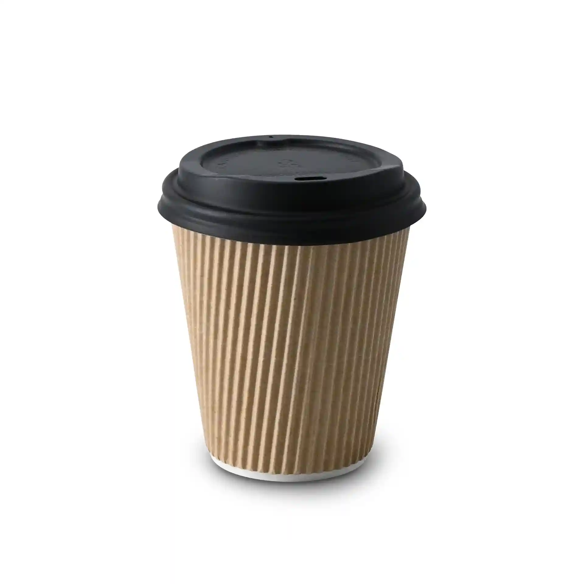 Brauner gerippter Becher mit schwarzem Deckel, 10 oz, 100 mm hoch und 90 mm Durchmesser.