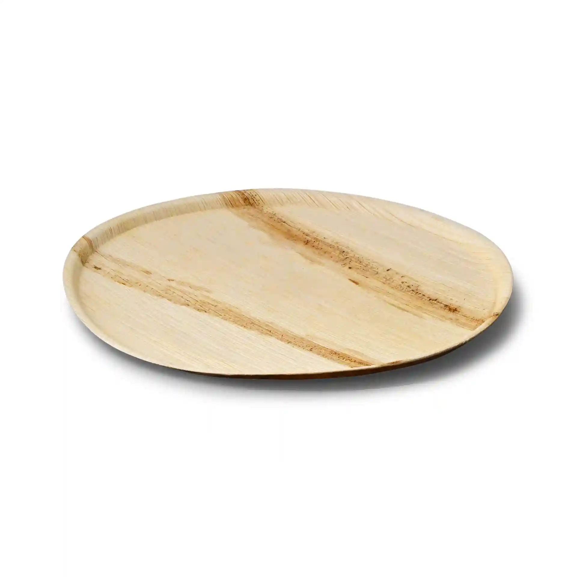 Round palm leaf pizza plate with a diameter of 32 cm and a natural grain finish.