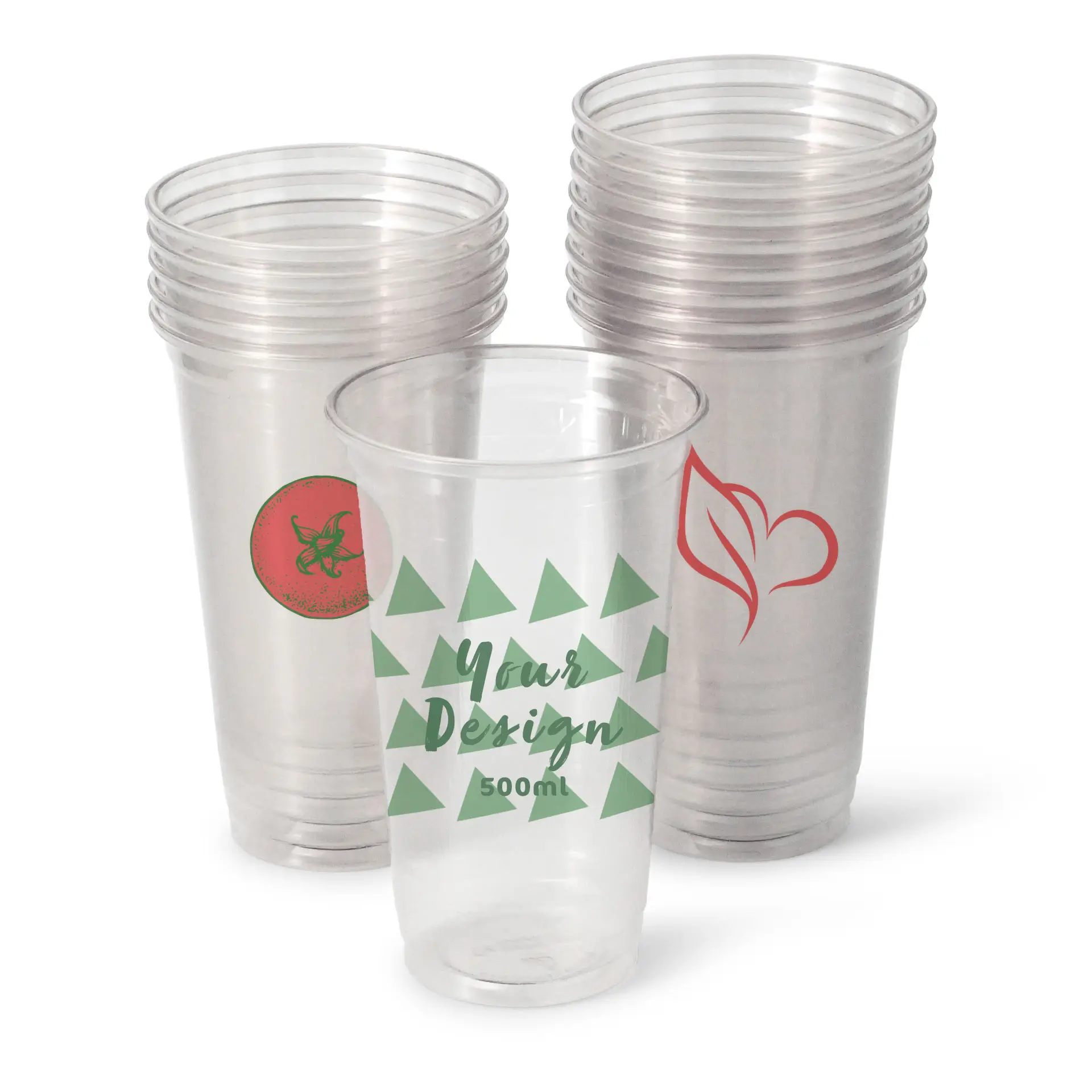 Klare rPET Becher in verschiedenen Designs, geeignet für kalte Getränke, mit bedruckbarem Becher.