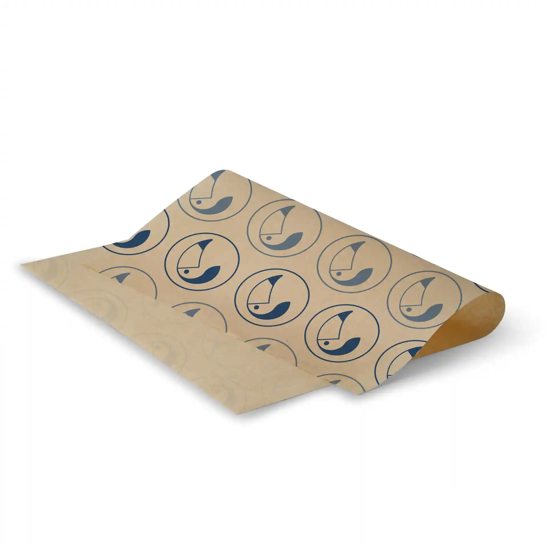 Printed wrapping paper with a brown background featuring a repeated circular design and a fish symbol, measuring 43 cm x 33 cm.