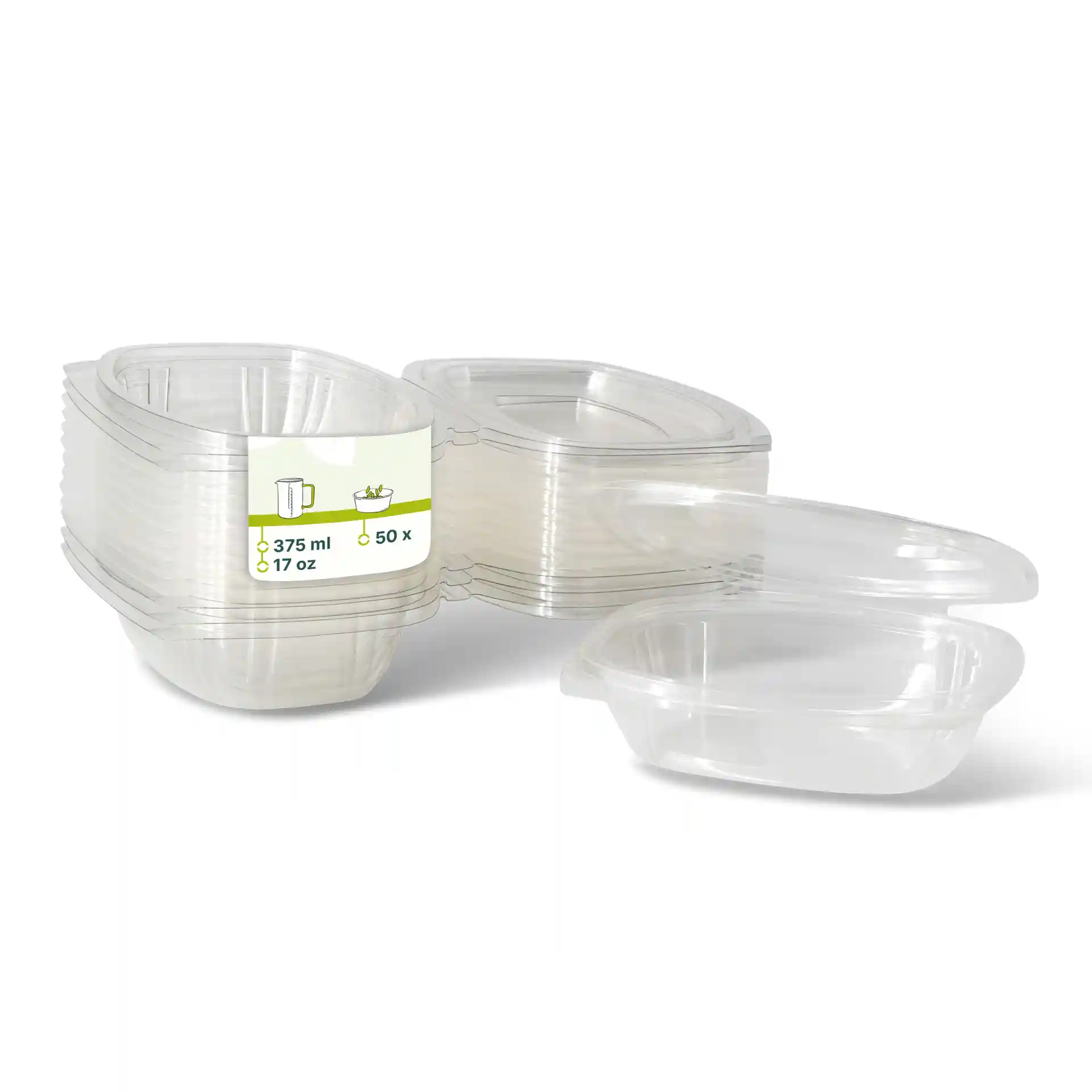 Transparent rectangular PLA deli bowls with folding lids, 375 ml volume, stacked with several visible.