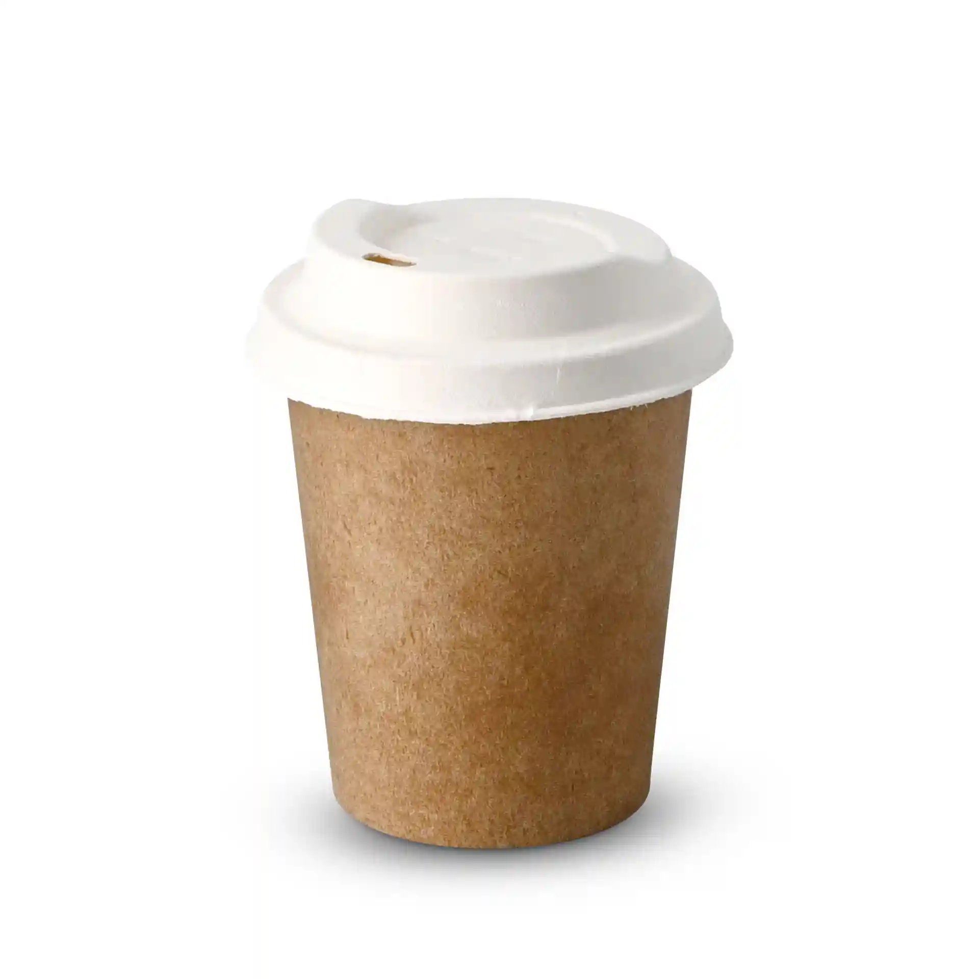 White paper cup with a white lid, featuring a drinking opening, on a plain background.