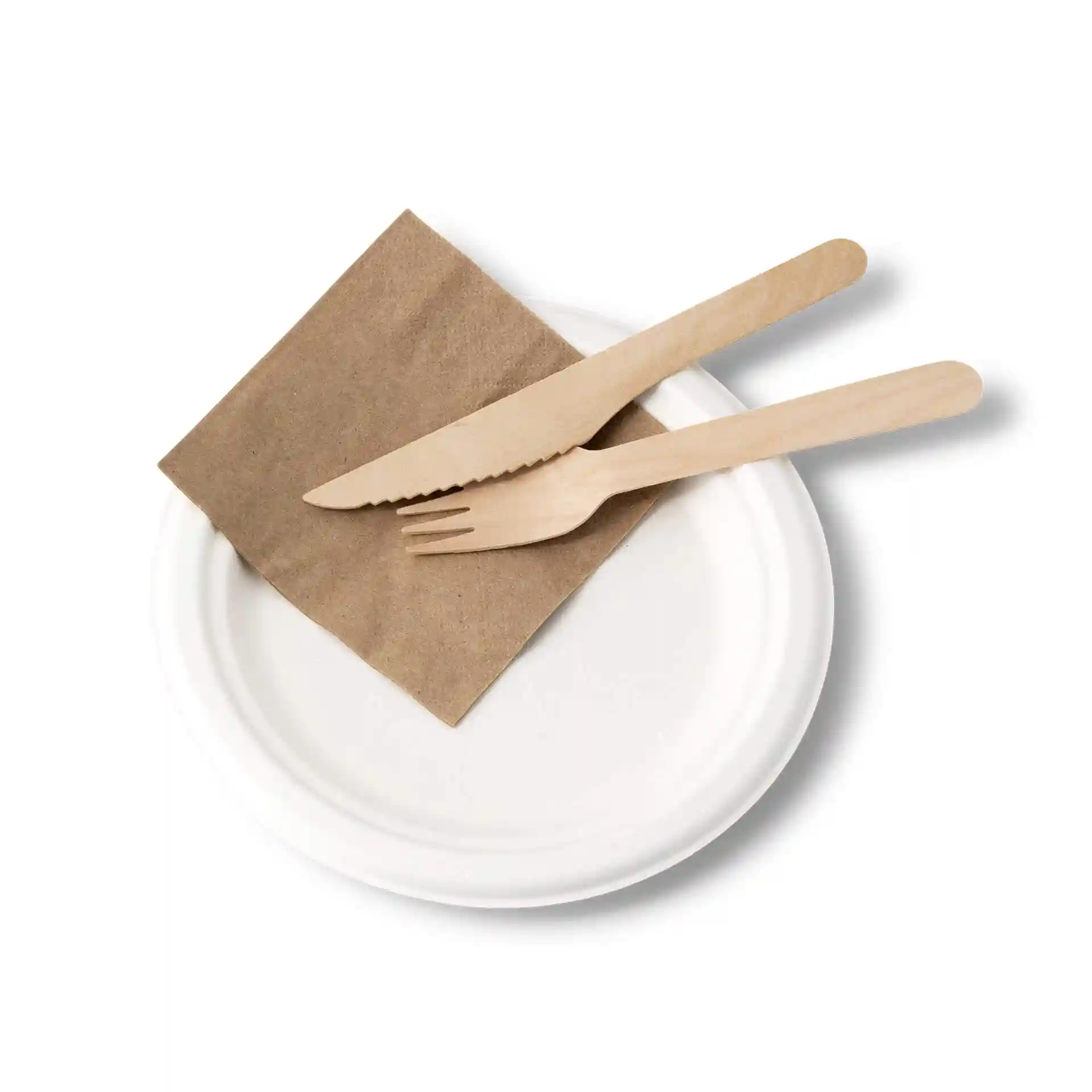 Runder Zuckerrüben-Teller mit einem Durchmesser von 17 cm, begleitet von einer braunen Serviette und Holzmesser und -gabel.