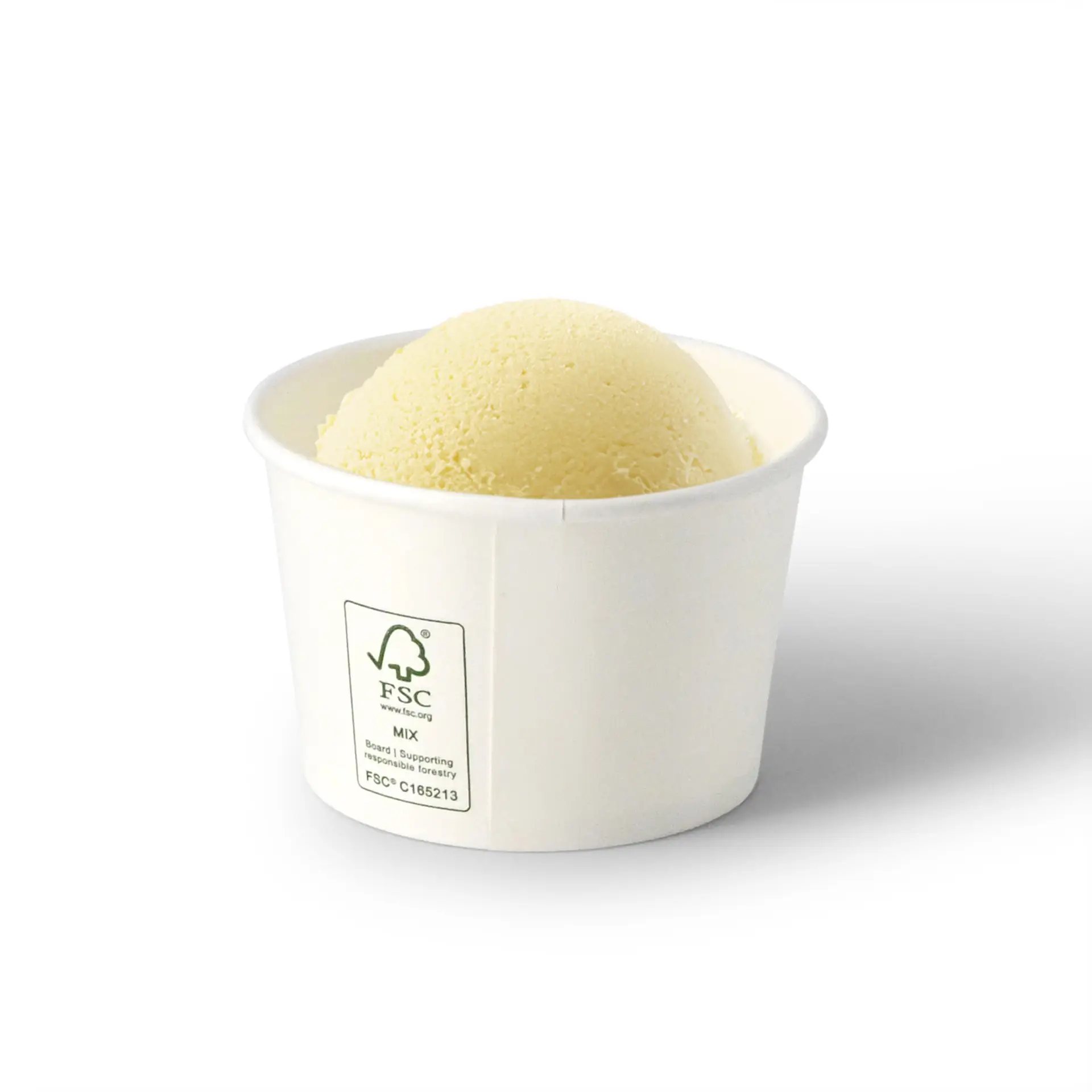One white paper cup with a rolled rim; features FSC and Climate Safe 360 logos on the side.