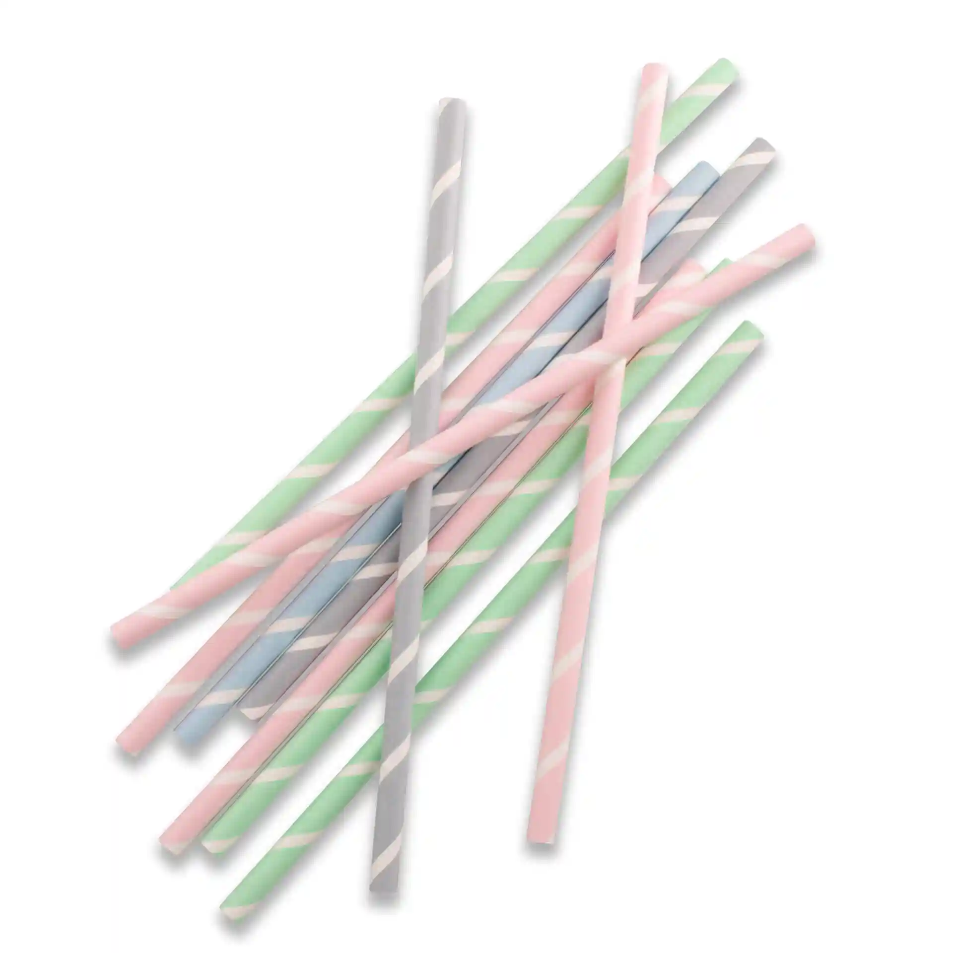 Pastellgestreifte Papier-Jumbo-Strohhalme, 23 cm lang und 0,8 cm im Durchmesser, in verstreuter Anordnung.