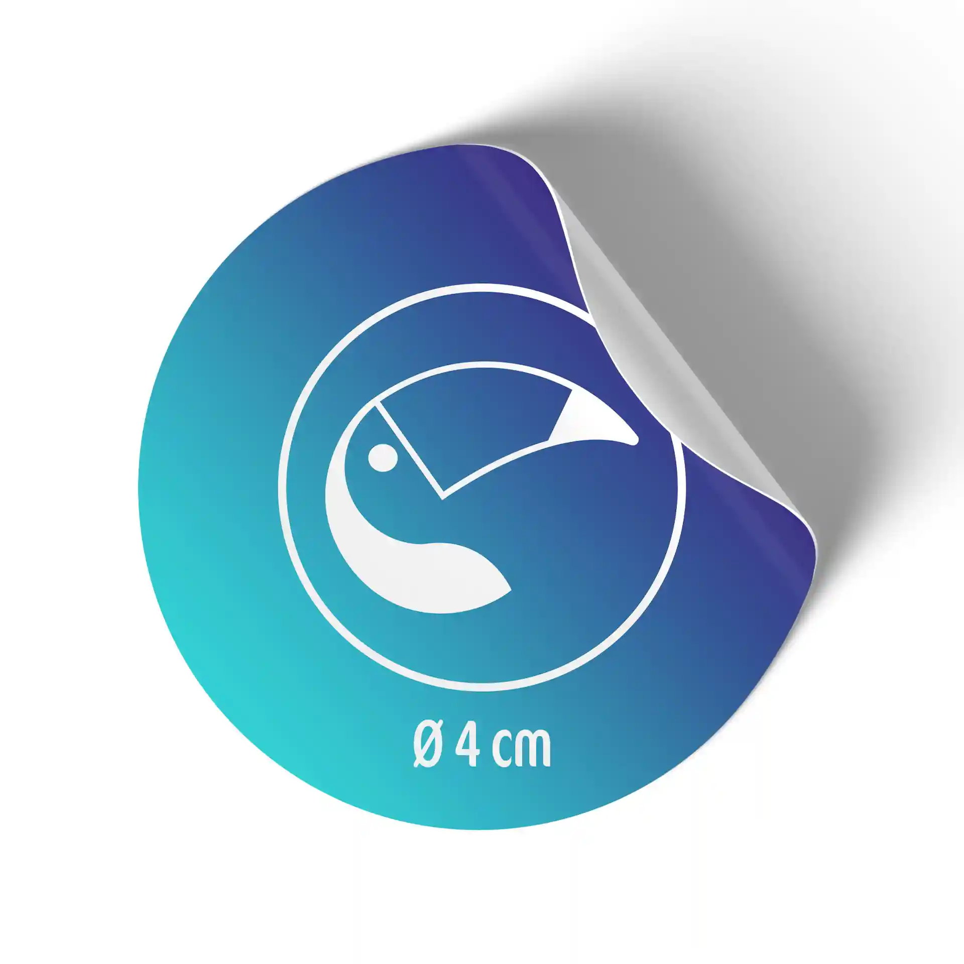 Round label with a blue gradient background, white graphic, and a partially peeled edge, measuring 4 cm in diameter.