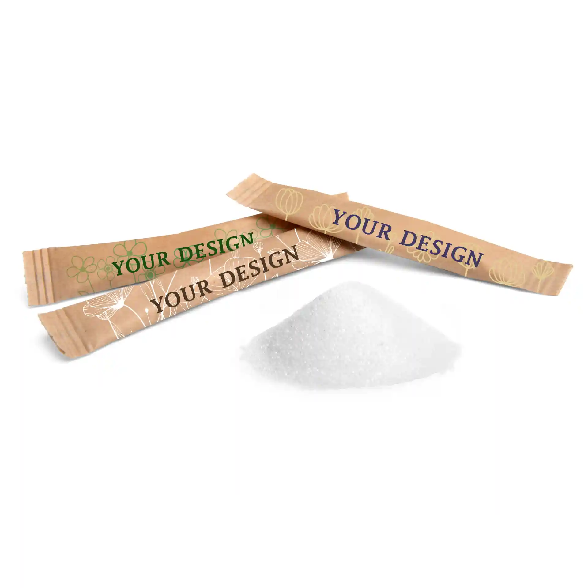Three sugar sticks with a mound of white sugar in the foreground, displayed on a plain background.