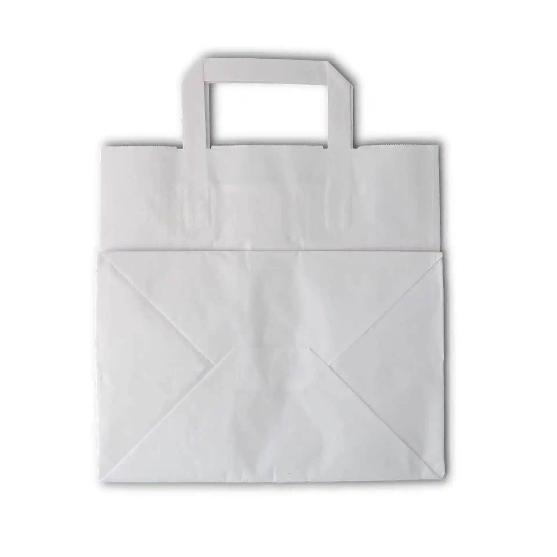 White kraft paper carrier bag with a wide base, featuring a handle and a rectangular shape.