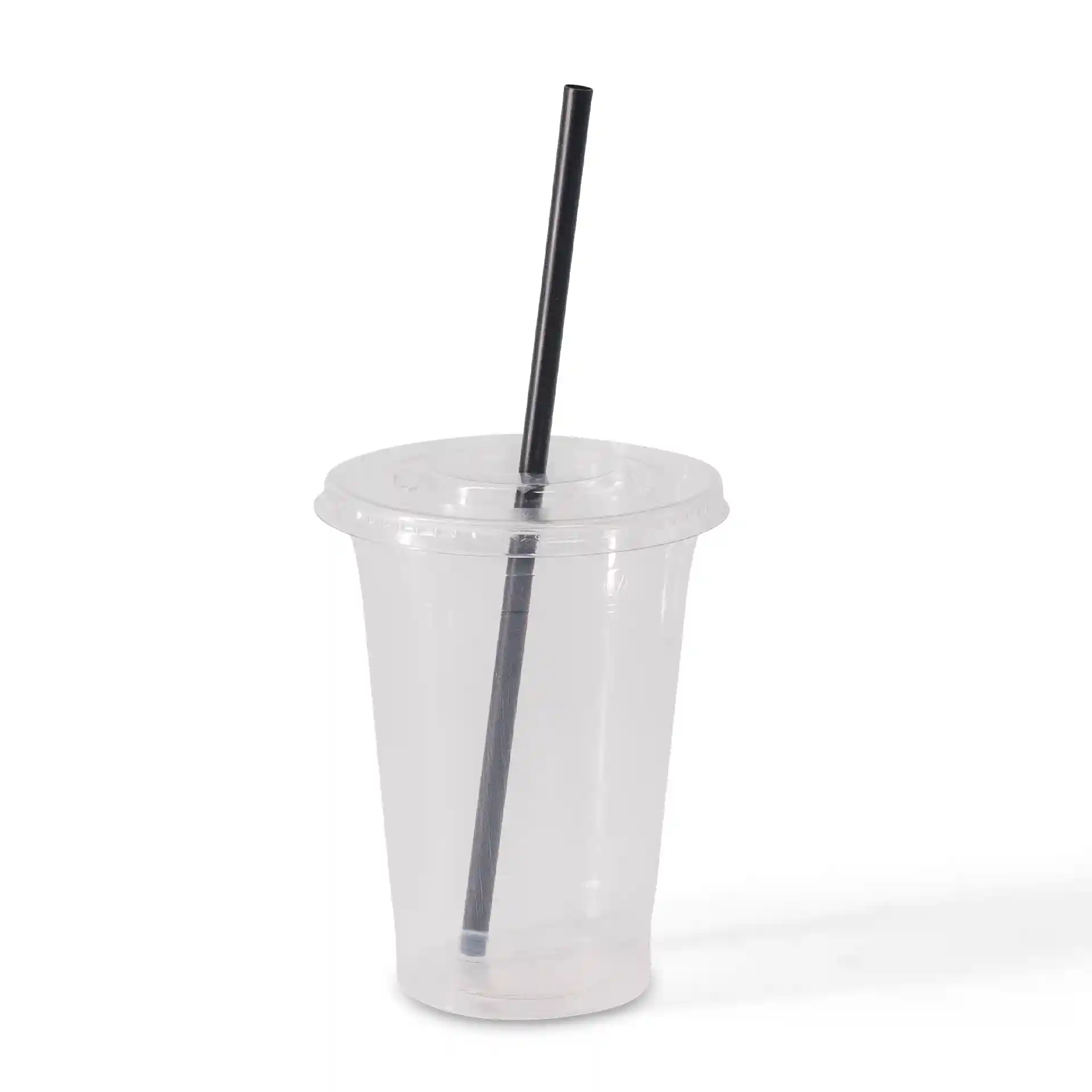 Clear plastic cup with a black straw inserted, positioned on a plain background.