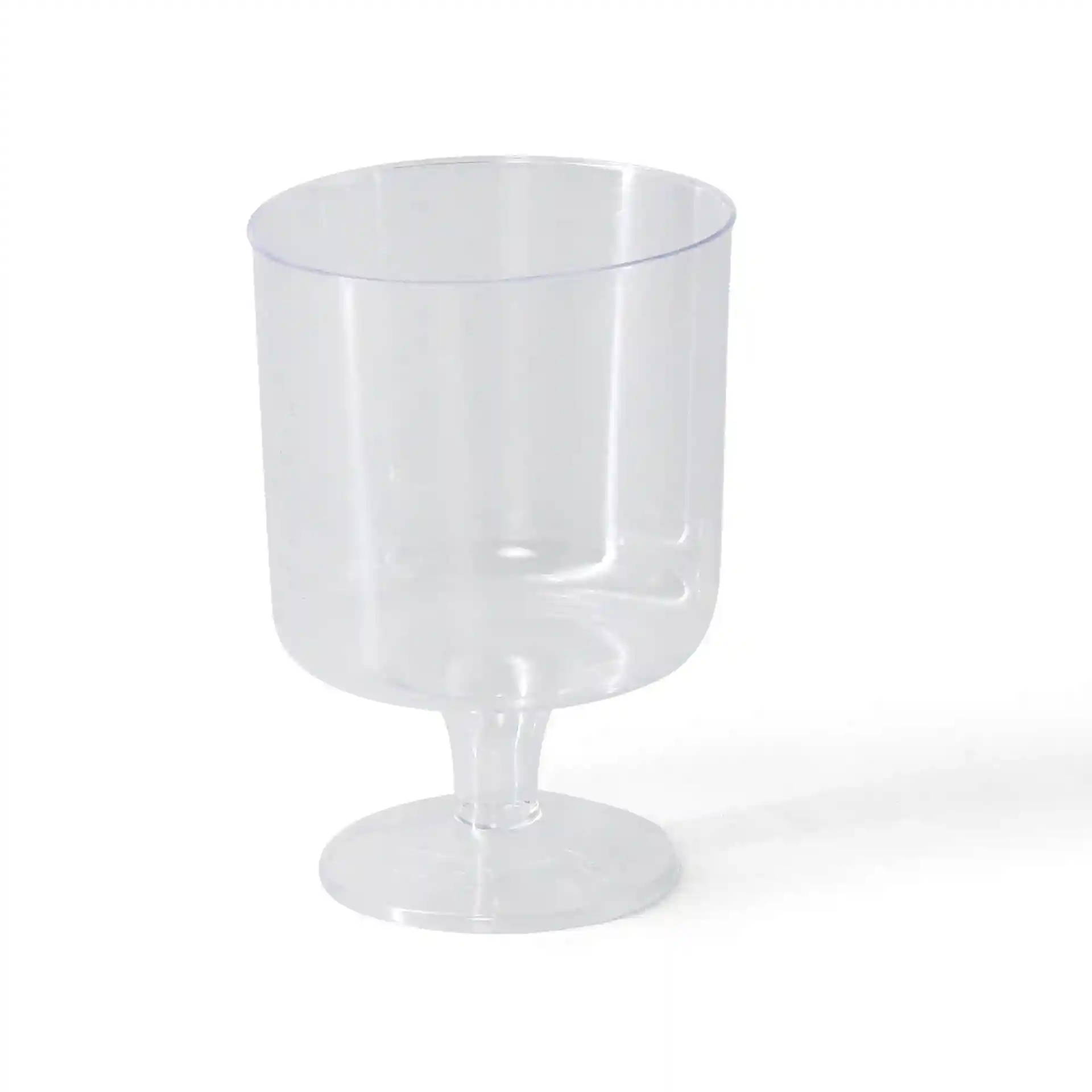 Transparent reusable wine glass with a 200 ml capacity, featuring a round base and a height of 100 mm.