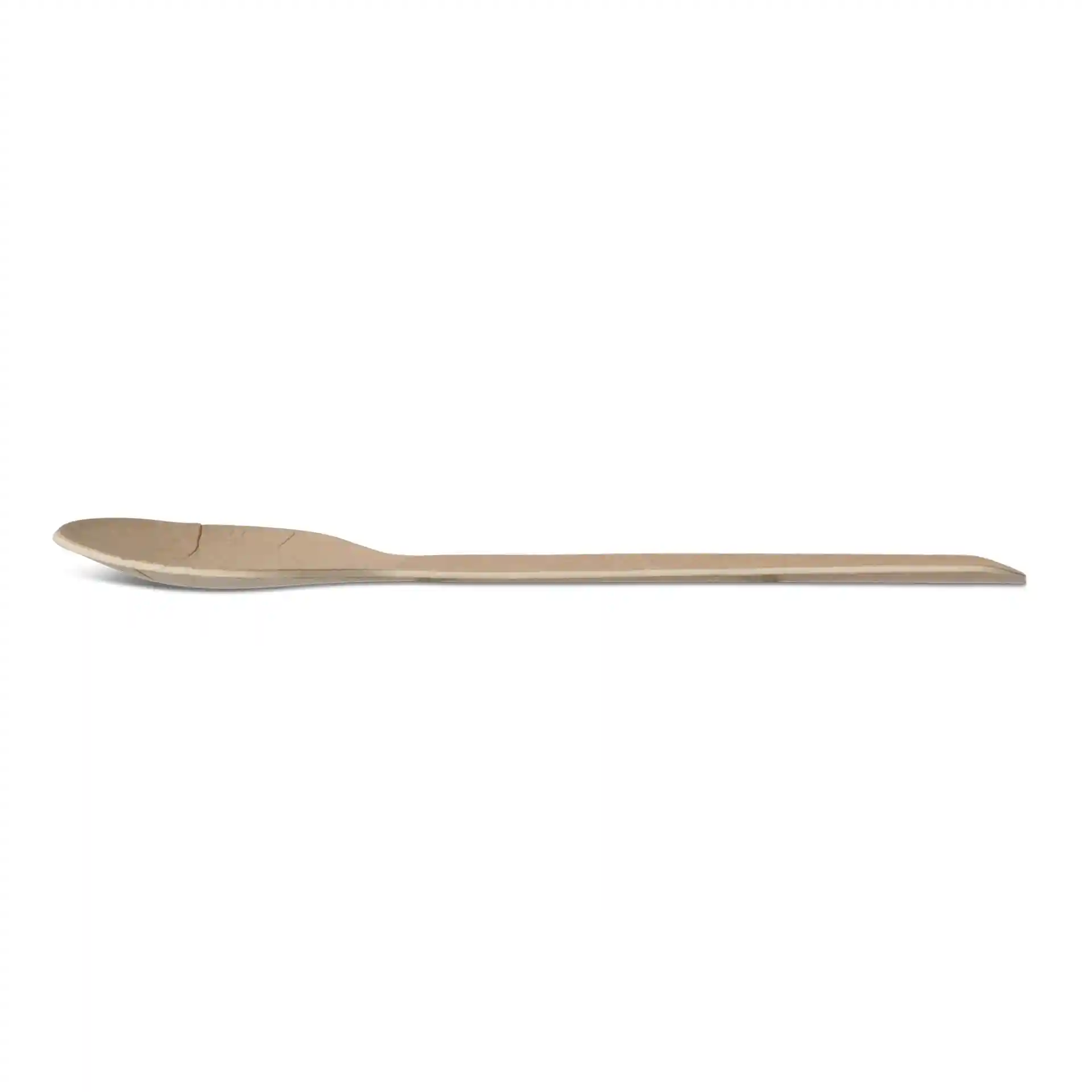 Brown paper teaspoon, 11.5 cm long, with a smooth surface and rounded spoon end.