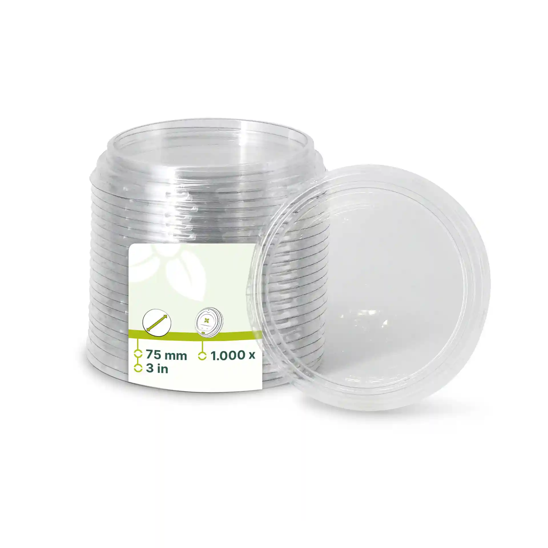Transparent round rPET lids with a diameter of 75 mm, stacked with one lid beside the stack.