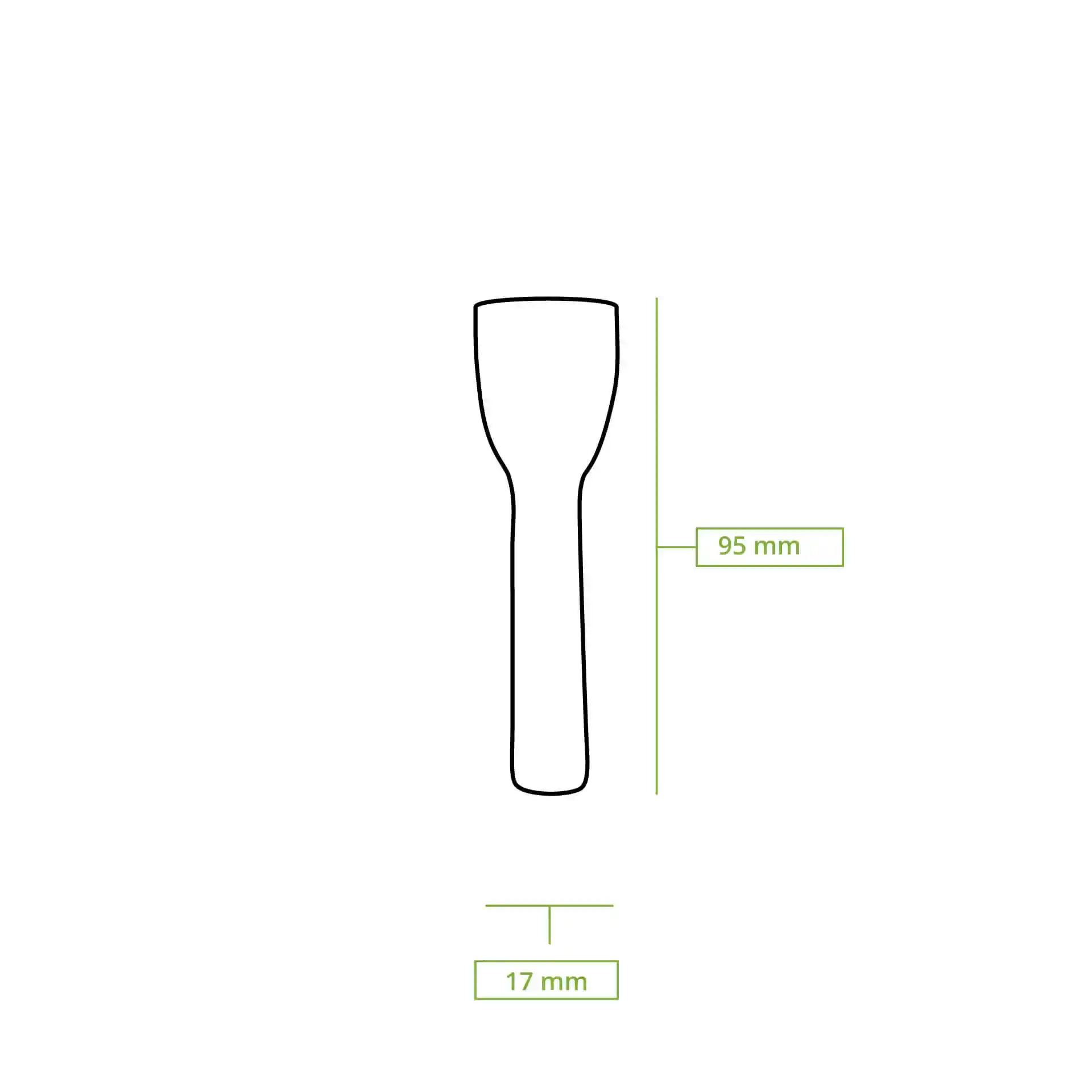 Schematische Zeichnung eines Holz-Eisbechers, 95 mm lang und 17 mm breit.
