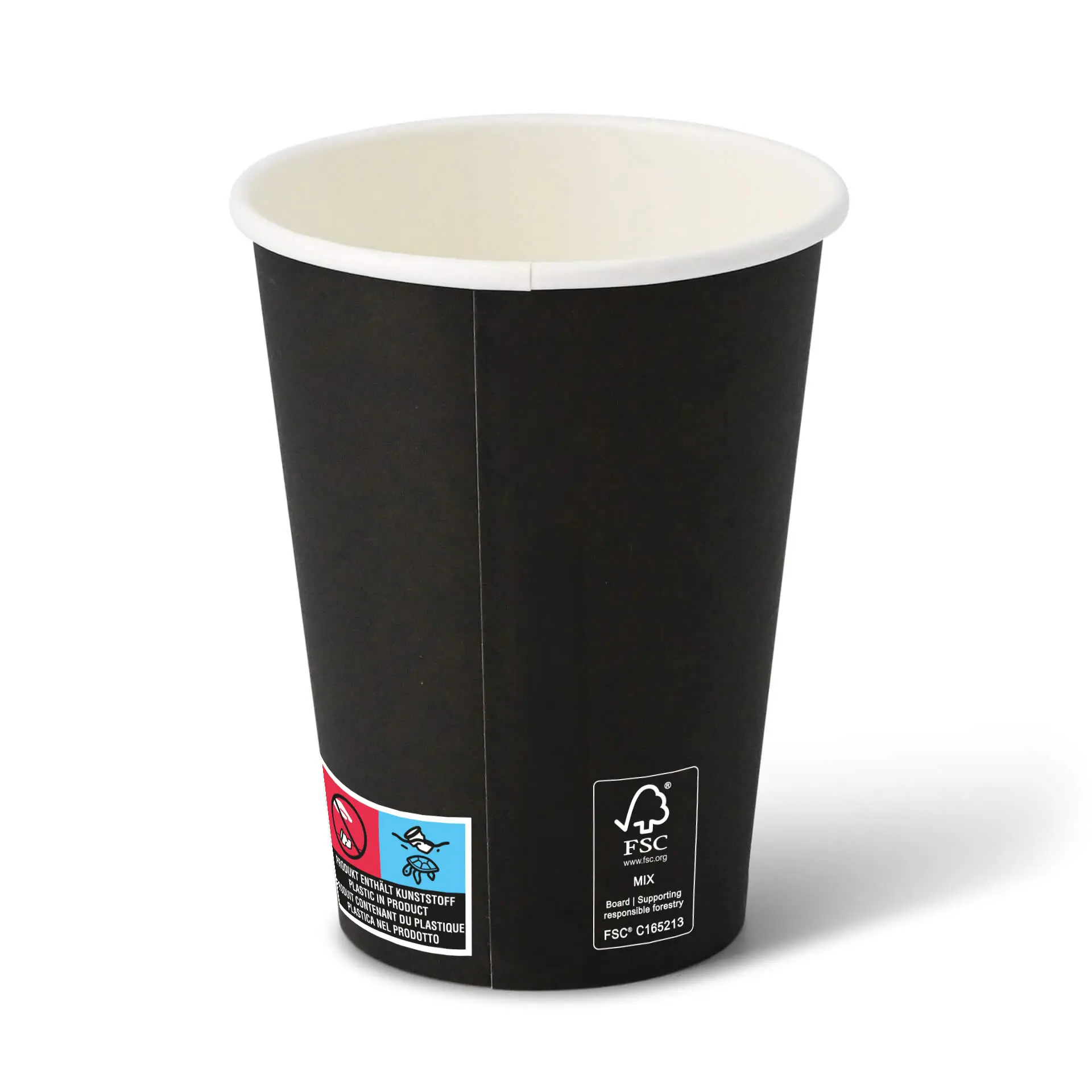 Black paper cup with a white inner coating, designed for beverages, featuring safety and material symbols on the side.