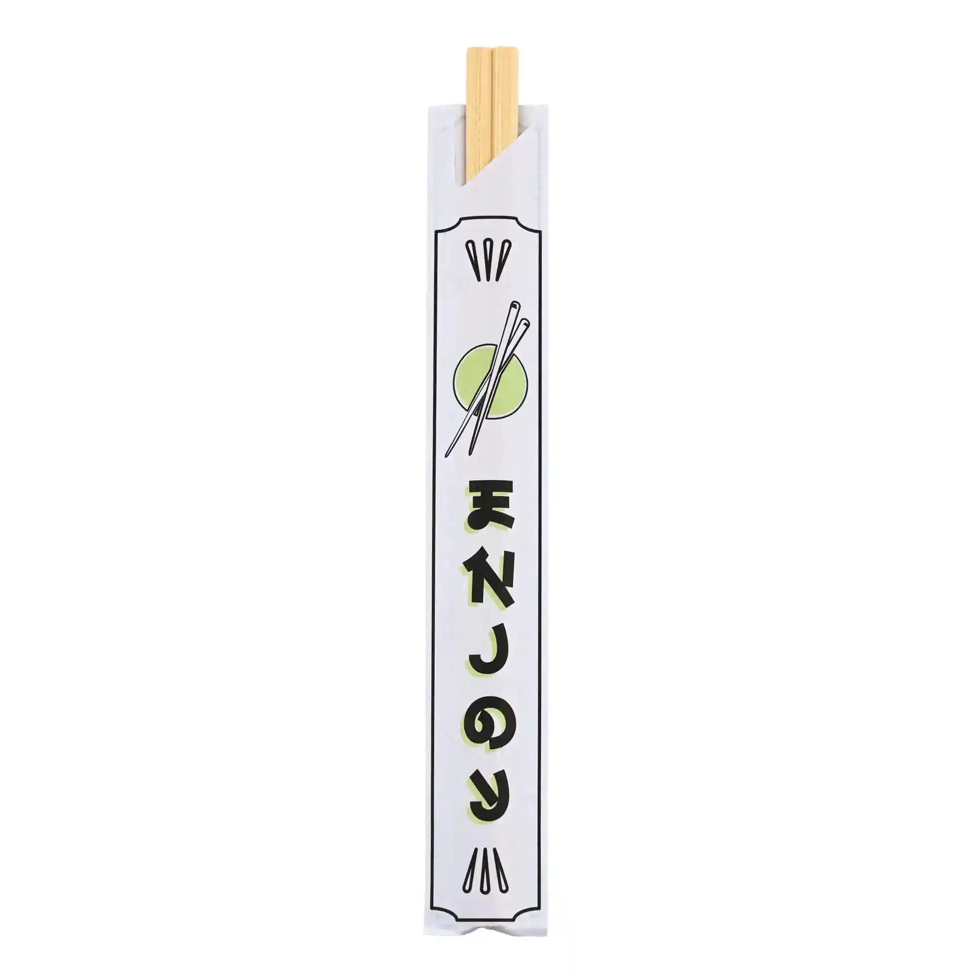 Bamboo chopsticks in a paper case, 20 cm long, with a design featuring chopsticks and a circular symbol.