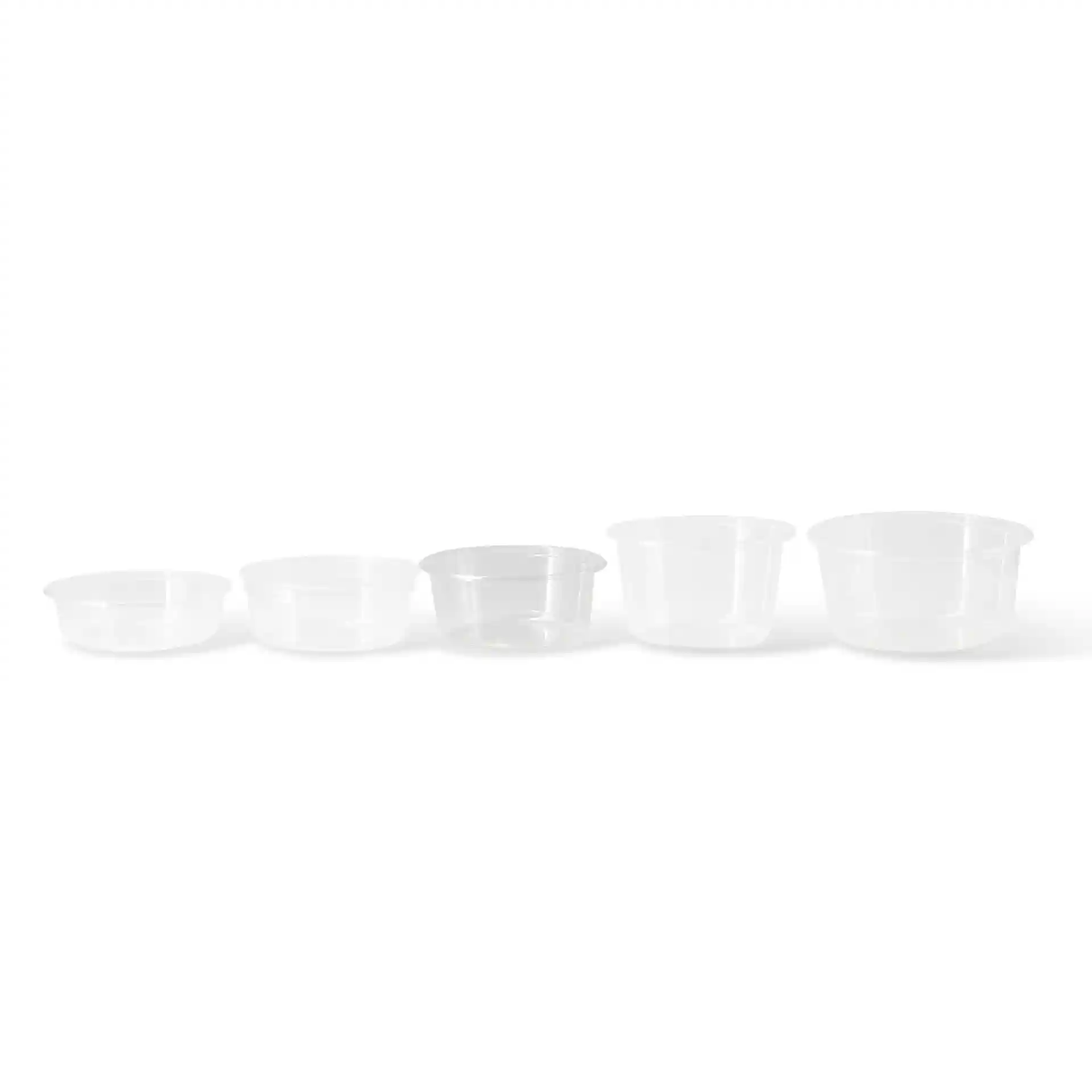 Set of five transparent round deli containers in varying sizes, displayed from smallest to largest.
