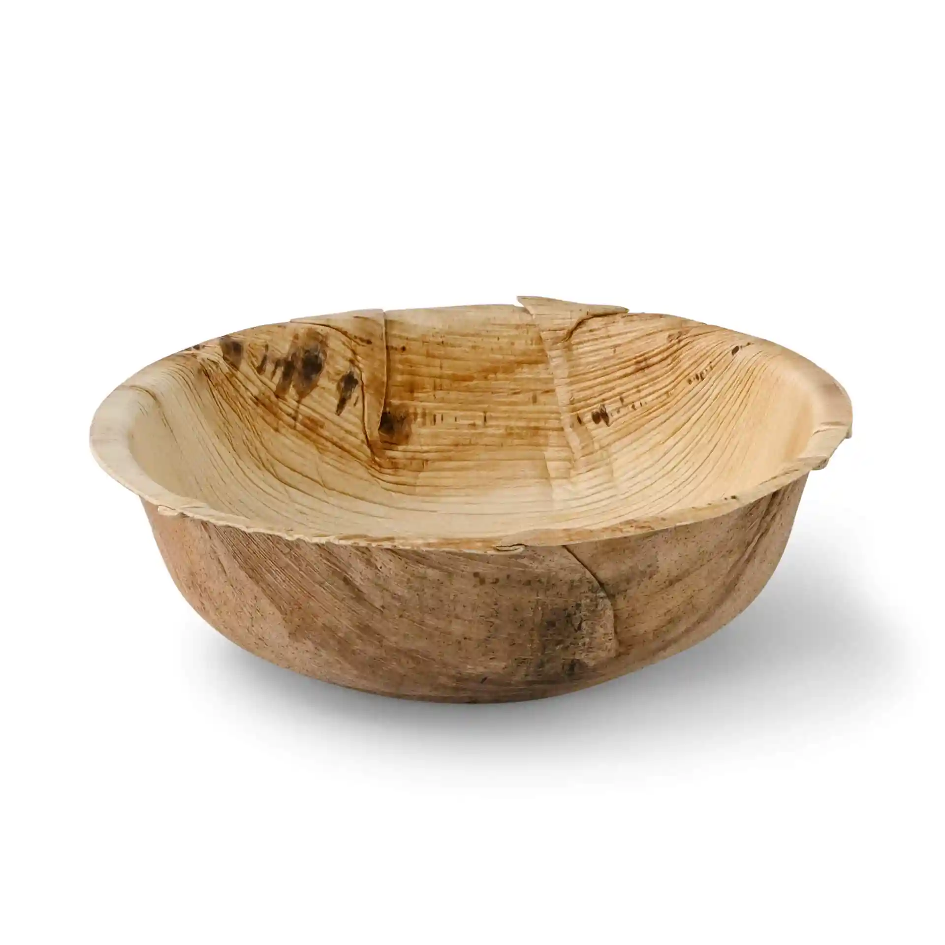 Round palm leaf bowl with a grain texture, deep shape, and a diameter of 185 mm.