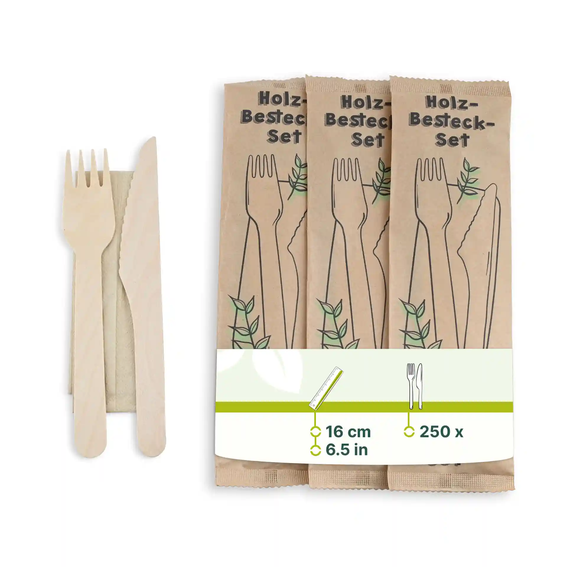 Holzbesteckset mit Messer und Gabel, verpackt mit einer Serviette, auf braunem Papierhintergrund.