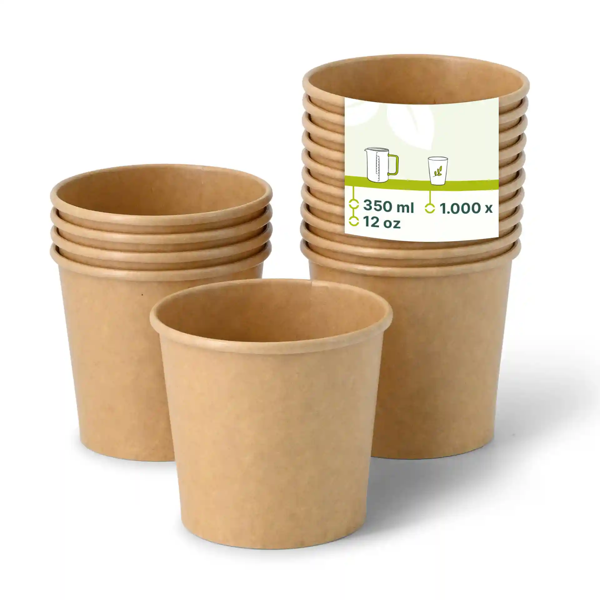 Stapel brauner Papiereisbecher, mit einem Becher vorne und einem Etikett, das Kapazität und Menge zeigt.